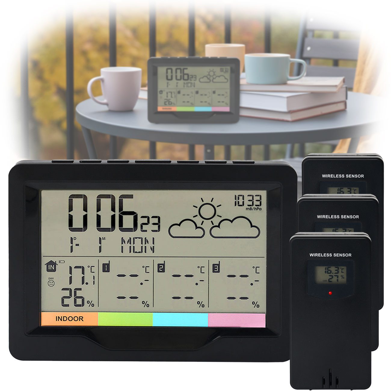 Casativo Multifunktionale Funk Wetterstation mit Außensensor Funkwecker Display Funkwetterstation (Innen-/Außentemperatur 4-Zonen-Überwachung Reichweite ca. 60m – Bild 3 von 5