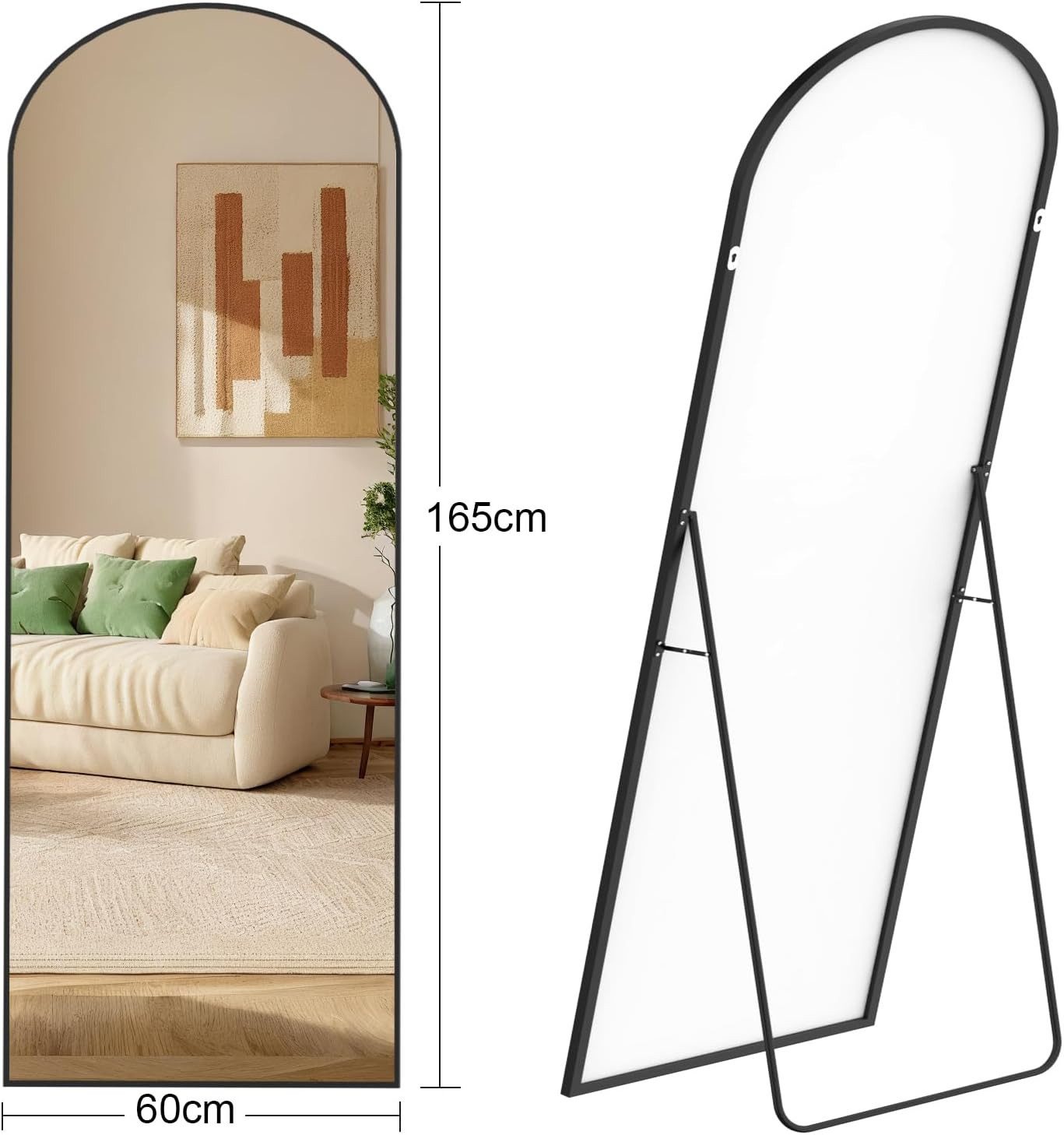 Teravin Ganzkörperspiegel,Standspiegel & Wandspiegel Bruchsicher mit Aluminium Rahmen, Hartglas, 171x76cm/180x75cm Großer Spiegel für Schlafzimmer, Bogen Design