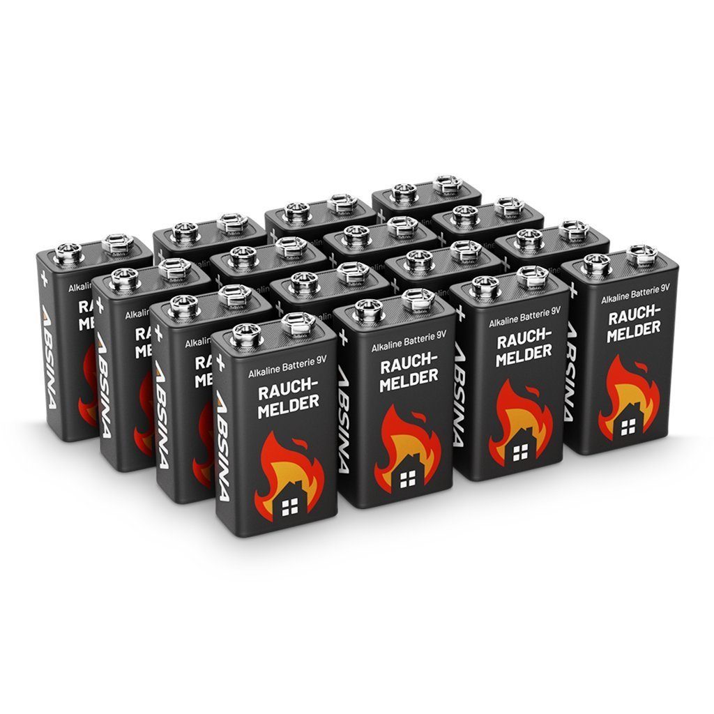 ABSINA Rauchmelder Warnmelder langlebig Blockbatterien für Block Feuermelder, & Alkaline Batterie - 9V & Kohlenmonoxid, auslaufsicher Bewegungsmelder, - 9V Batterie 16er Block Pack Batterien Rauchwarnmelder