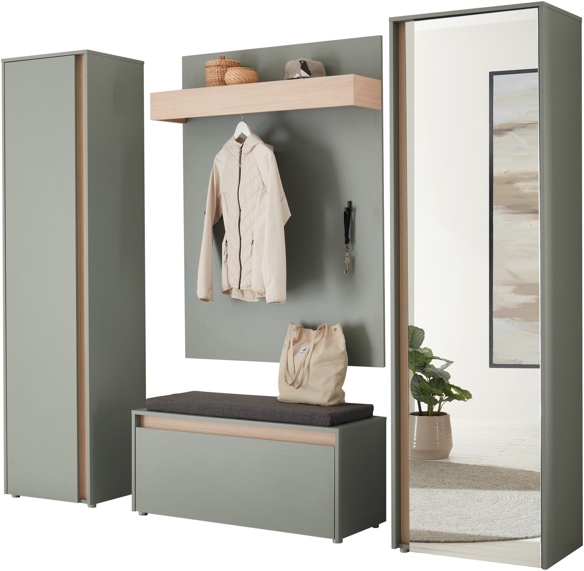 Home affaire Garderoben-Set GIRON/CiTY, moderne Garderobe, Komplettset mit viel Stauraum, (Komplett-Set, 4-St), enthält Garderobenschränke, Paneel & Schuhbank +Sitzkissen