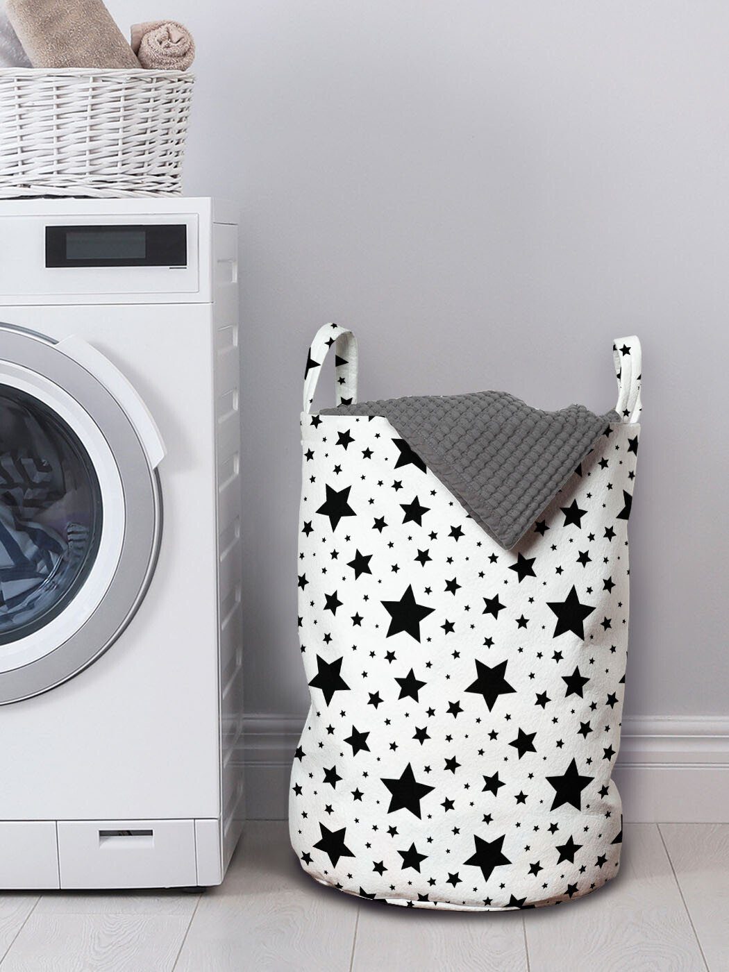mit Wäschekorb für Waschsalons, Monochrome Star Griffen Motiv Wäschesäckchen Abakuhaus Abstraktes Kordelzugverschluss