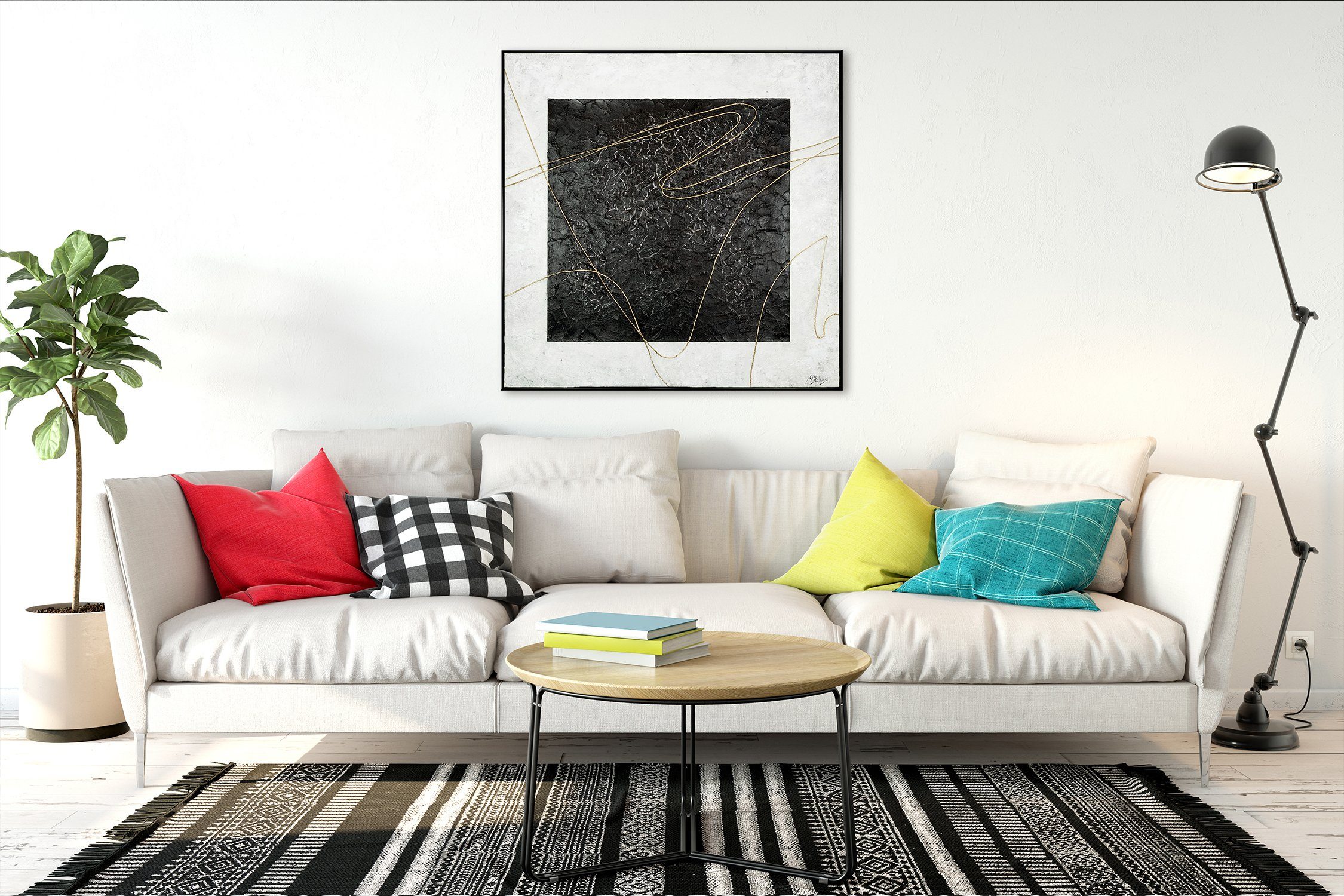YS-Art Gemälde Quadratisch, Abstrakte Quadratisches Leinwand Abstrakt Handgemalt Gold Bilder, Rahmen auf mit Bild
