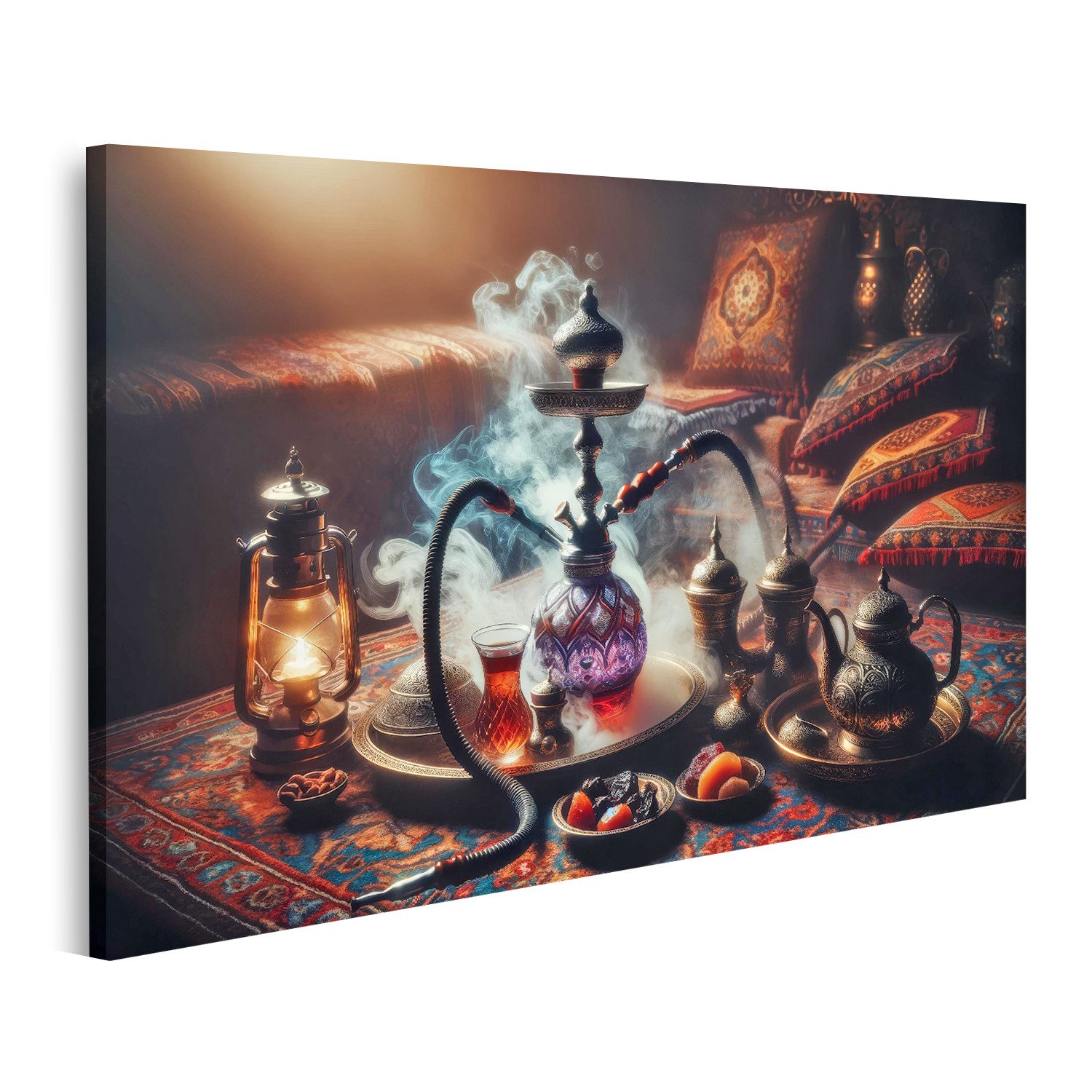 Leinwandbild Orientalische Wasserpfeife mit Rauch auf Teppich für Shisha Bar