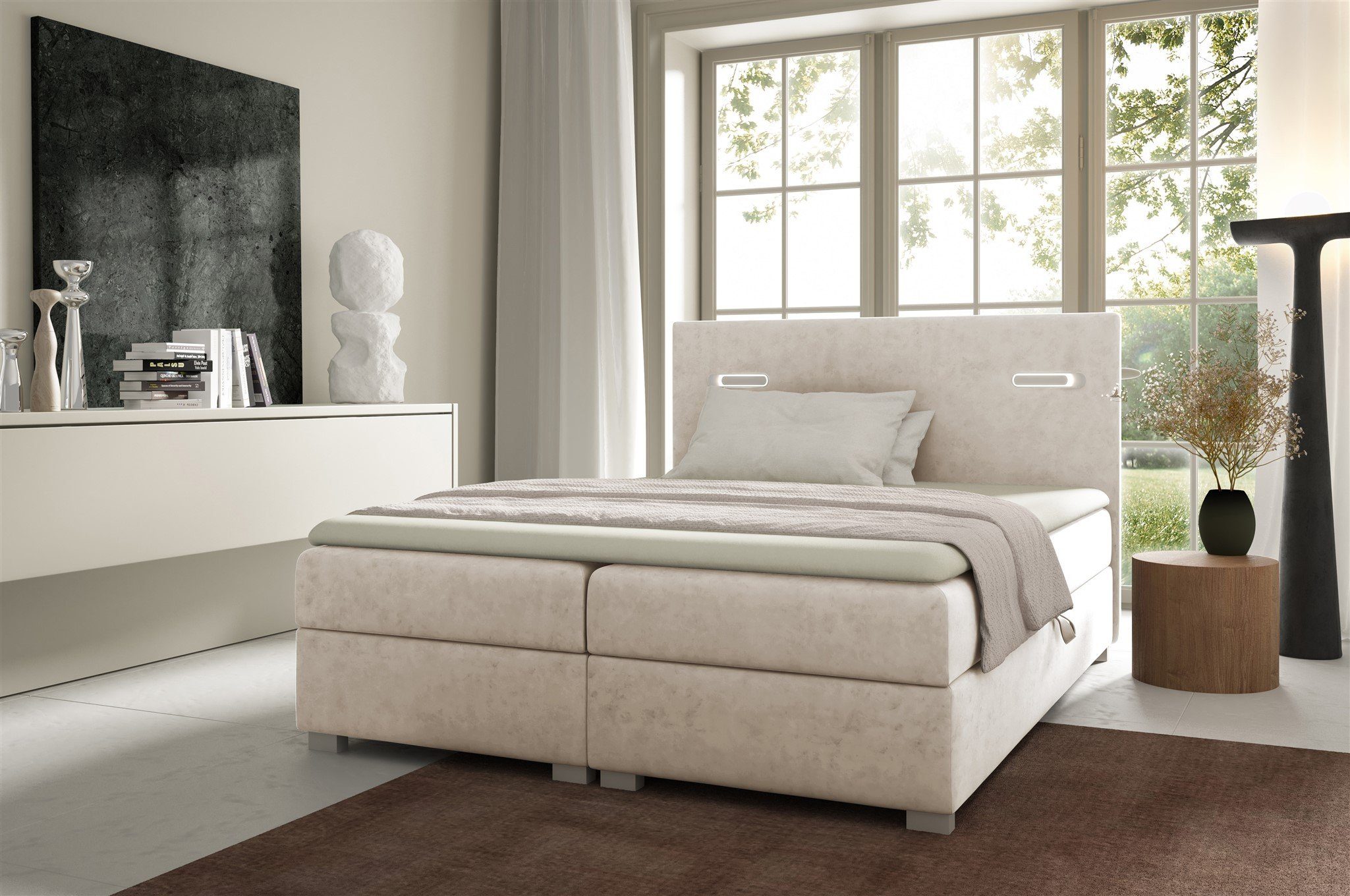 Fun Möbel Boxbett Schlafzimmerbett CAPRICE Überlänge in Stoff (inkl. 2 x Bettkasten und Topper, Ambiente-Beleuchtung mit Touch Funktion), Gepolstertes Kopfteil