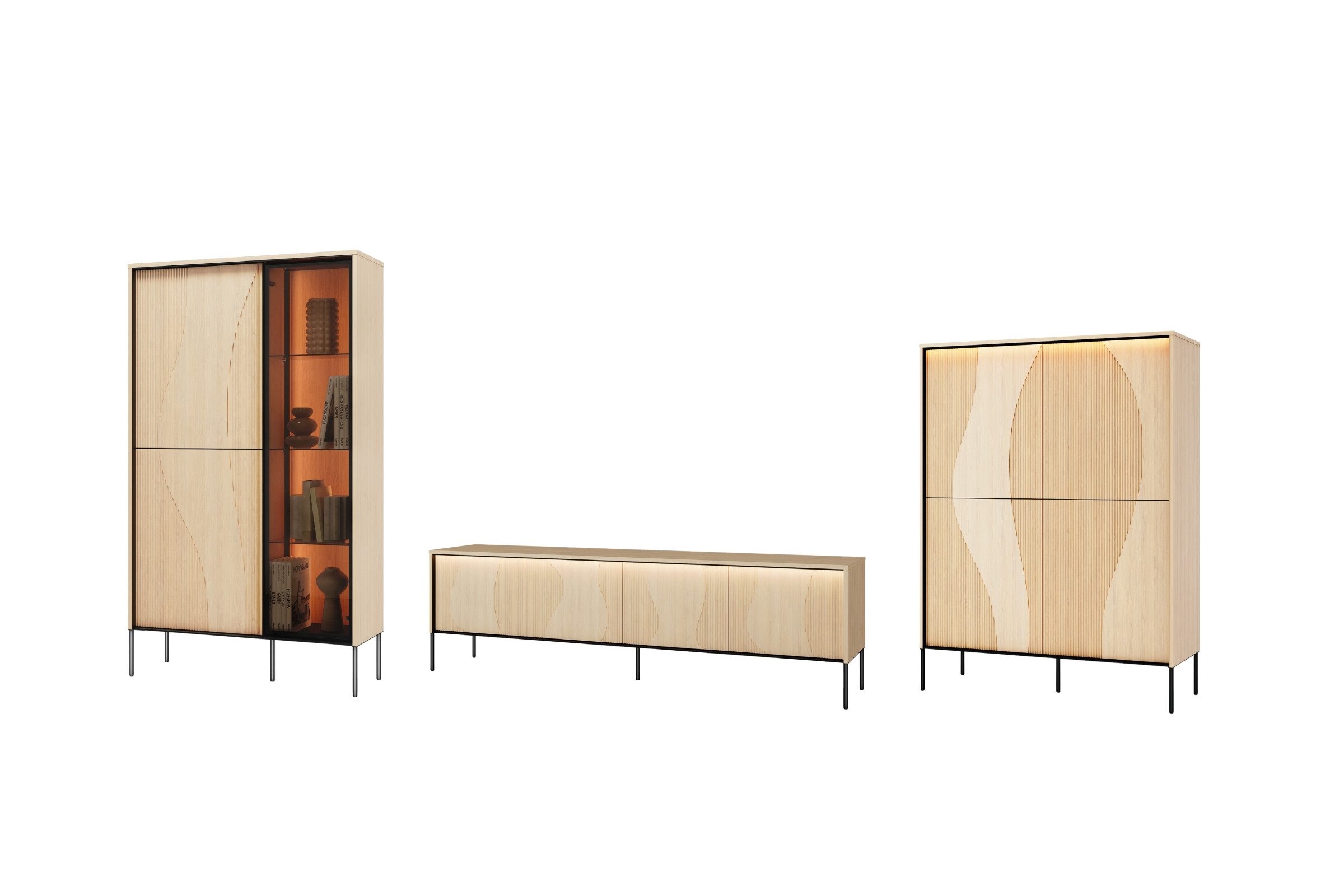 Deine Möbel 24 Wohnzimmer-Set FAVOS A Wohnwand Set, modernes Wohnzimmermöbel mit LED-Beleuchtung, (FAVOS - Kollektion, 3-St., viel Stauraum, geriffelte Front, Eiche Vincenza hell/Schwarz), Set mit TV-Lowboard, Vitrine und Kommode