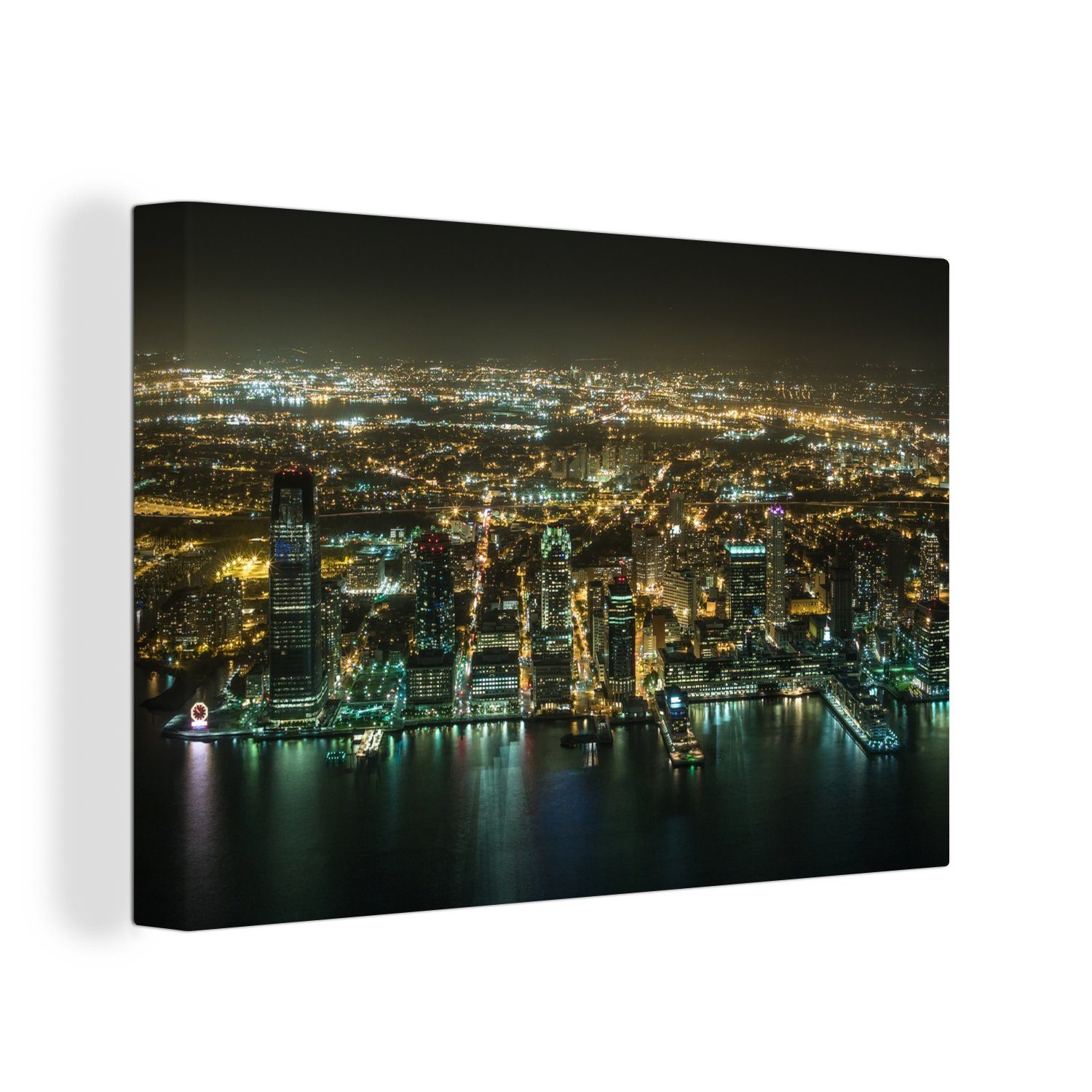 OneMillionCanvasses® Leinwandbild Luftaufnahme von American Jersey City bei Nacht, (1 St), Wandbild Leinwandbilder, Aufhängefertig, Wanddeko, 30x20 cm