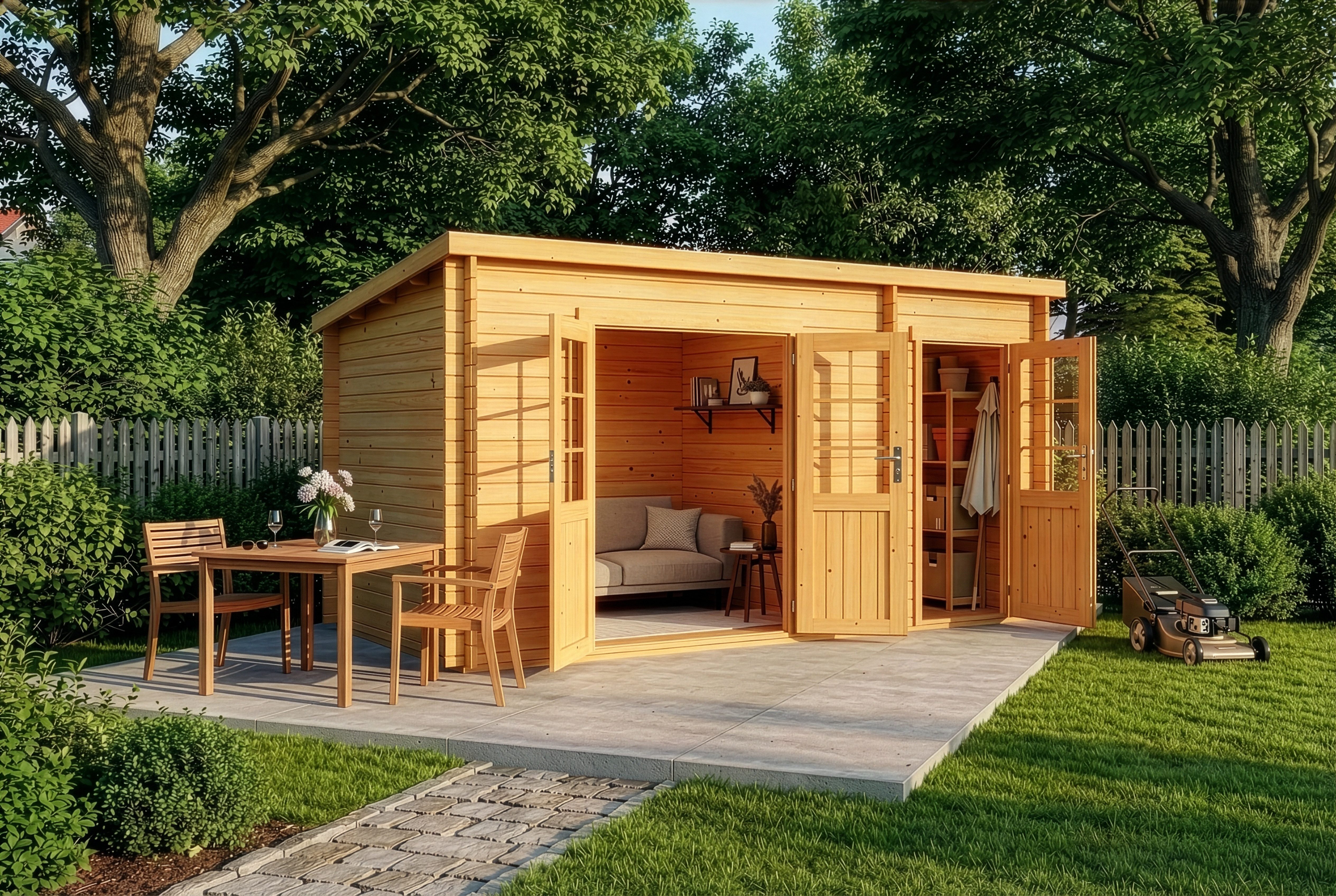 Alpholz Gartenhaus Holz Maria mit Anbau, BxT: 450x272 cm, in Imprägniert (Pinie) mit 28mm Wandstärke