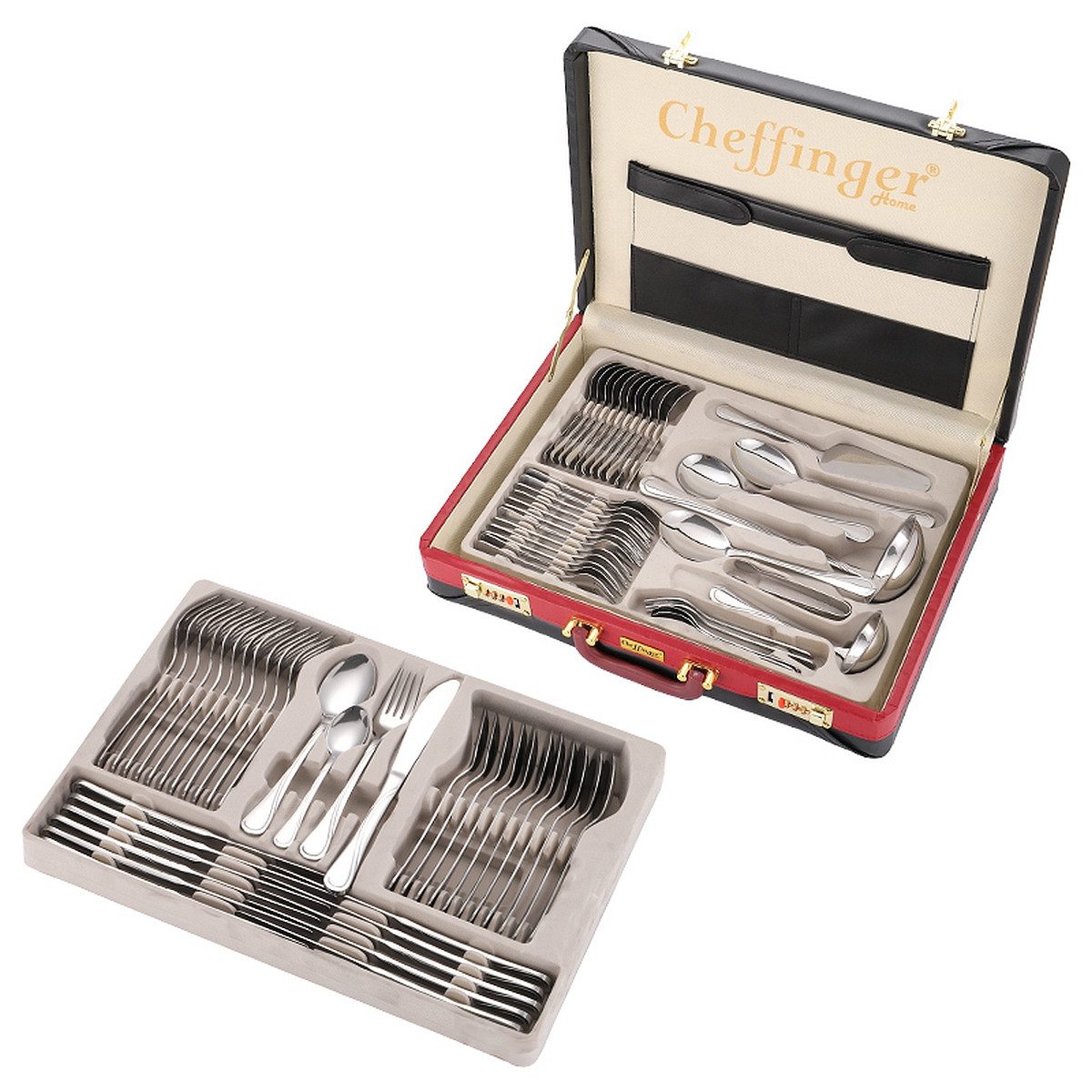 Cheffinger Besteck-Set Essbesteck Besteck-Set für 12 Personen m. Besteckkoffer 72-tlg, 12 Personen