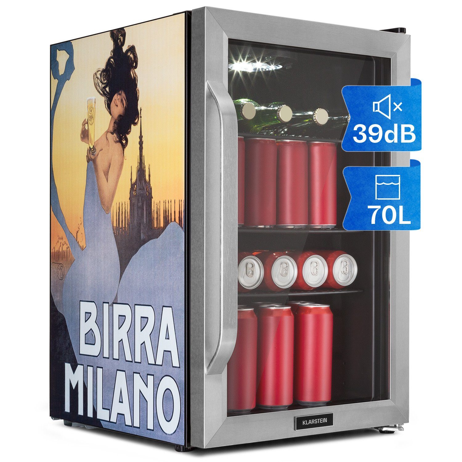 Klarstein Getränkekühlschrank HEA13-Birra-Milan-SS 10041179, 67 cm hoch, 43 cm breit, Bierkühlschrank Getränkekühlschrank Flaschenkühlschrank mit Glastür