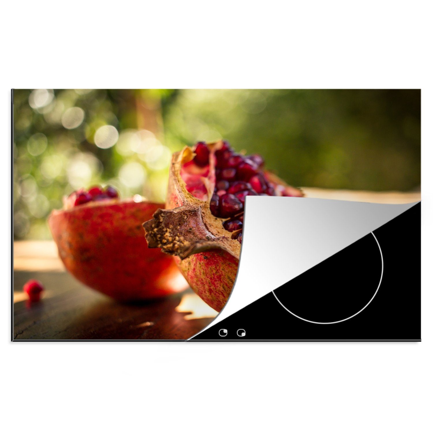 MuchoWow Herdblende-/Abdeckplatte Granatapfel - Picknicktisch - Frühling, Vinyl, (1 tlg), 81x52 cm, Induktionskochfeld Schutz für die küche, Ceranfeldabdeckung