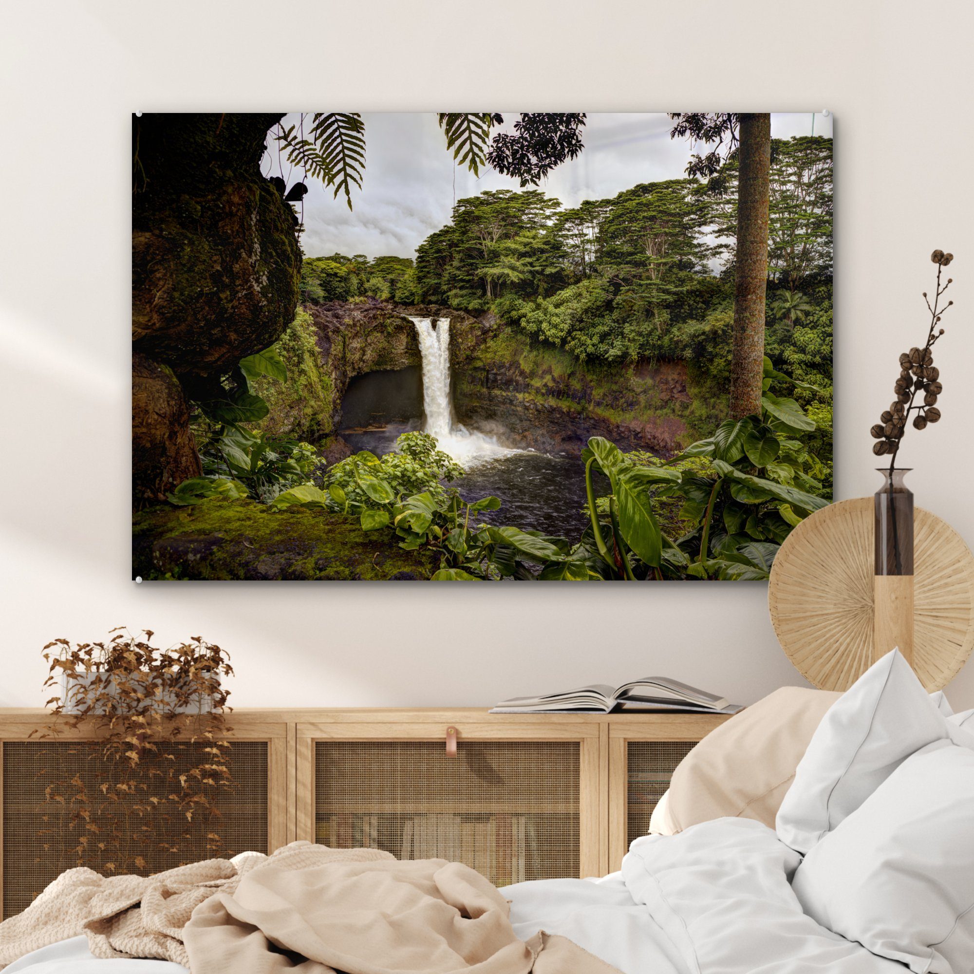 Wasserfall & Schlafzimmer Wald, MuchoWow einem Wohnzimmer St), Acrylglasbild Acrylglasbilder in (1 tropischen