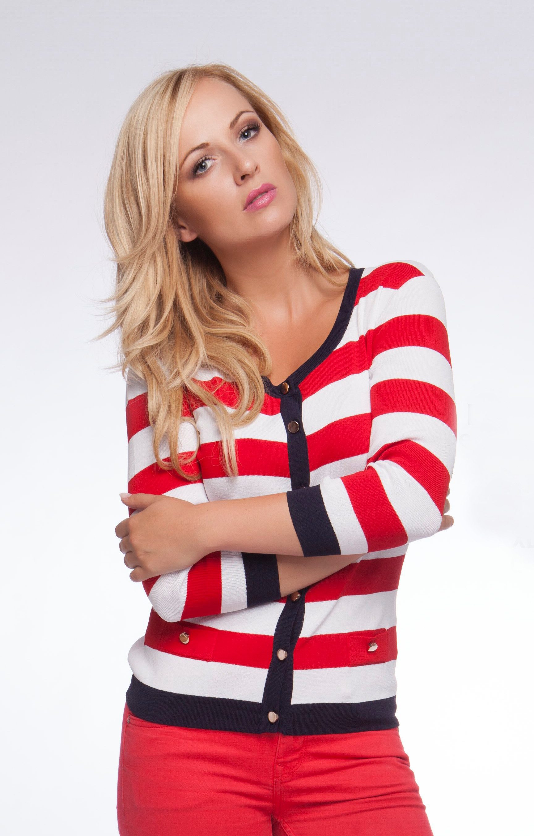 Passioni Strickjacke in Rot-Weiß mit Marineblauem Besatz