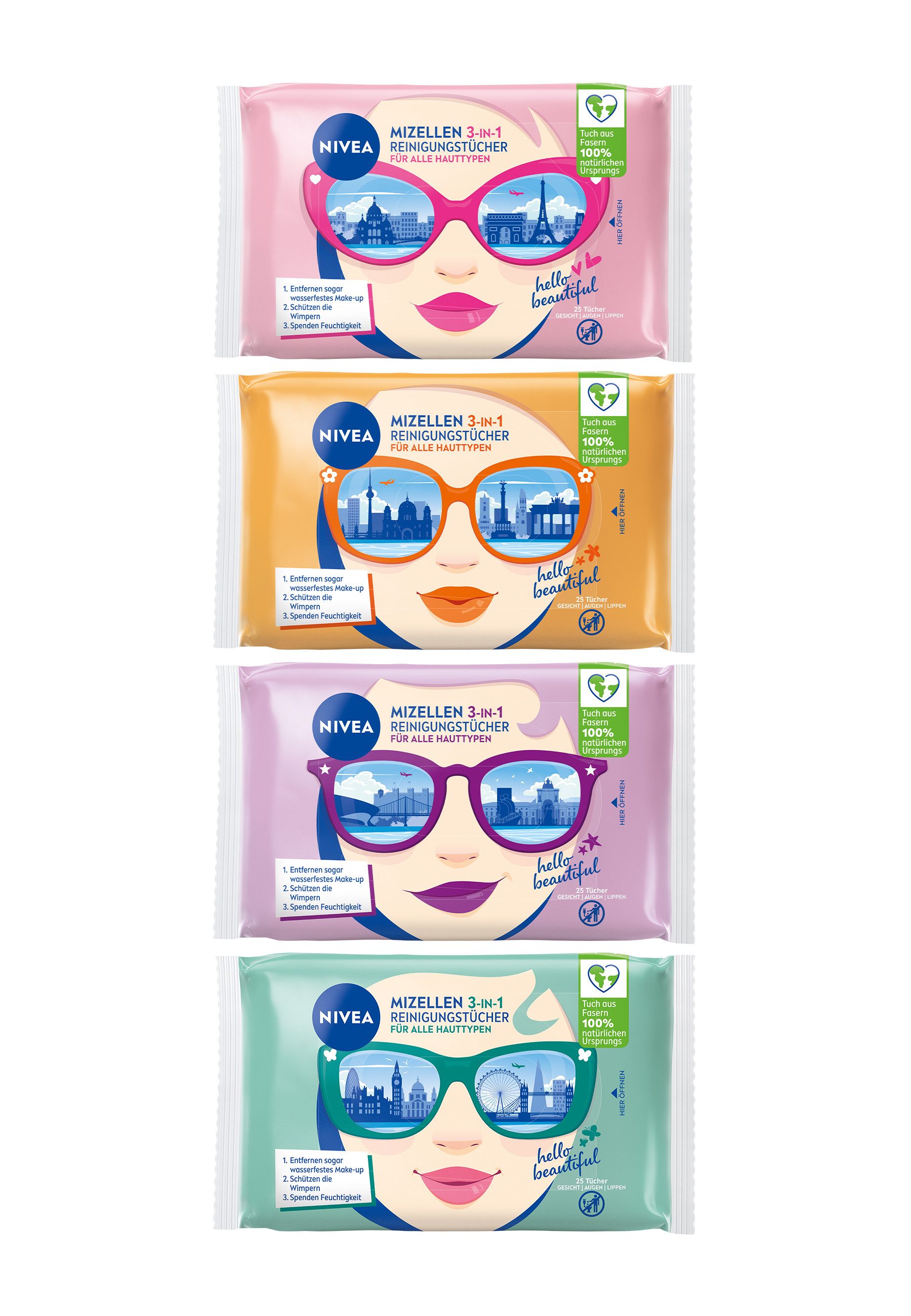 Nivea Gesichtsreinigungstücher Mizellen Reinigungstücher 3in1 Design Edition 6 x 25 Stück, 6-tlg., Gesichtsreinigung