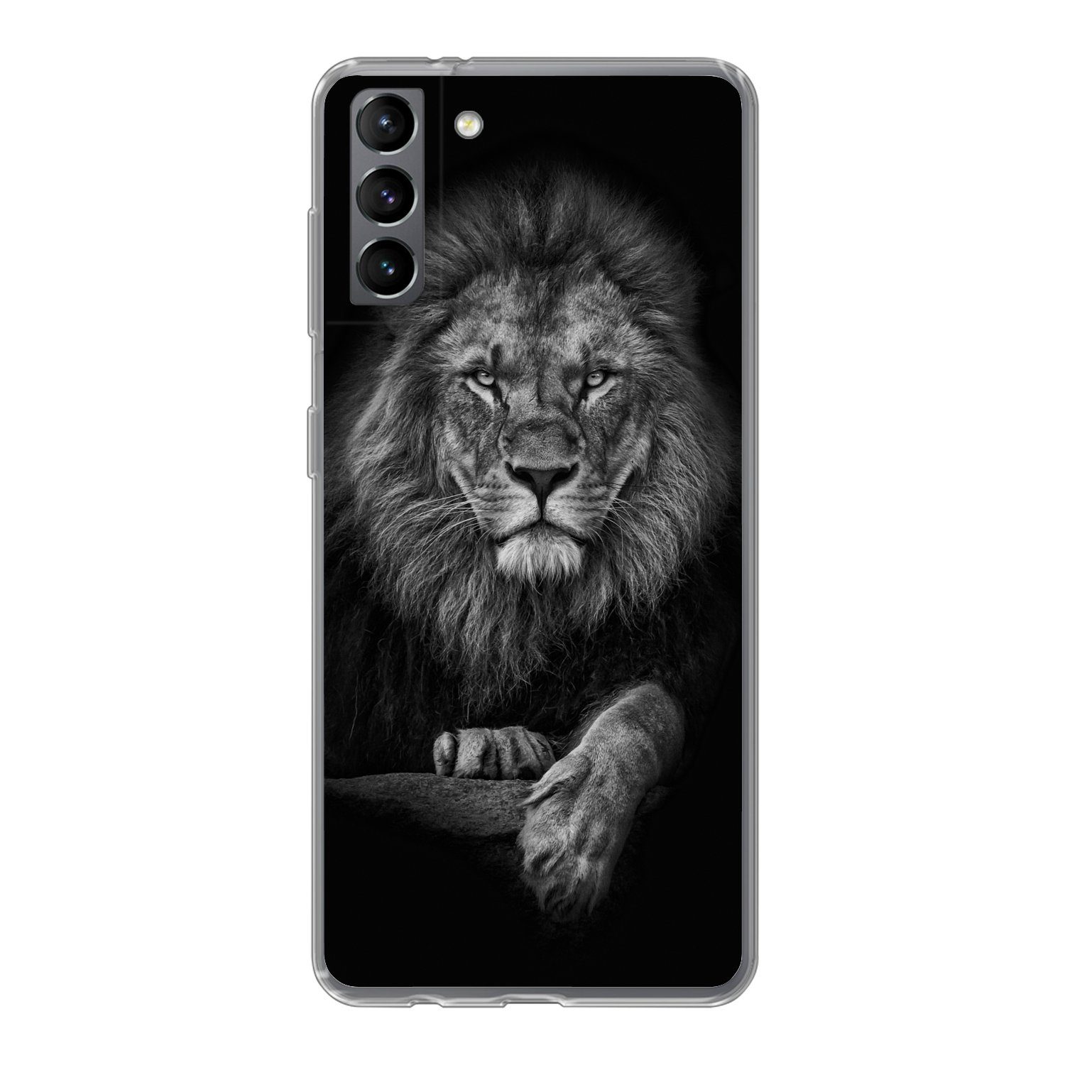 MuchoWow Handyhülle für Samsung Galaxy S21 Plus Löwe - Tiere - Schwarz - Weiß, Phone Case, Silikon, Schutzhülle Dünn
