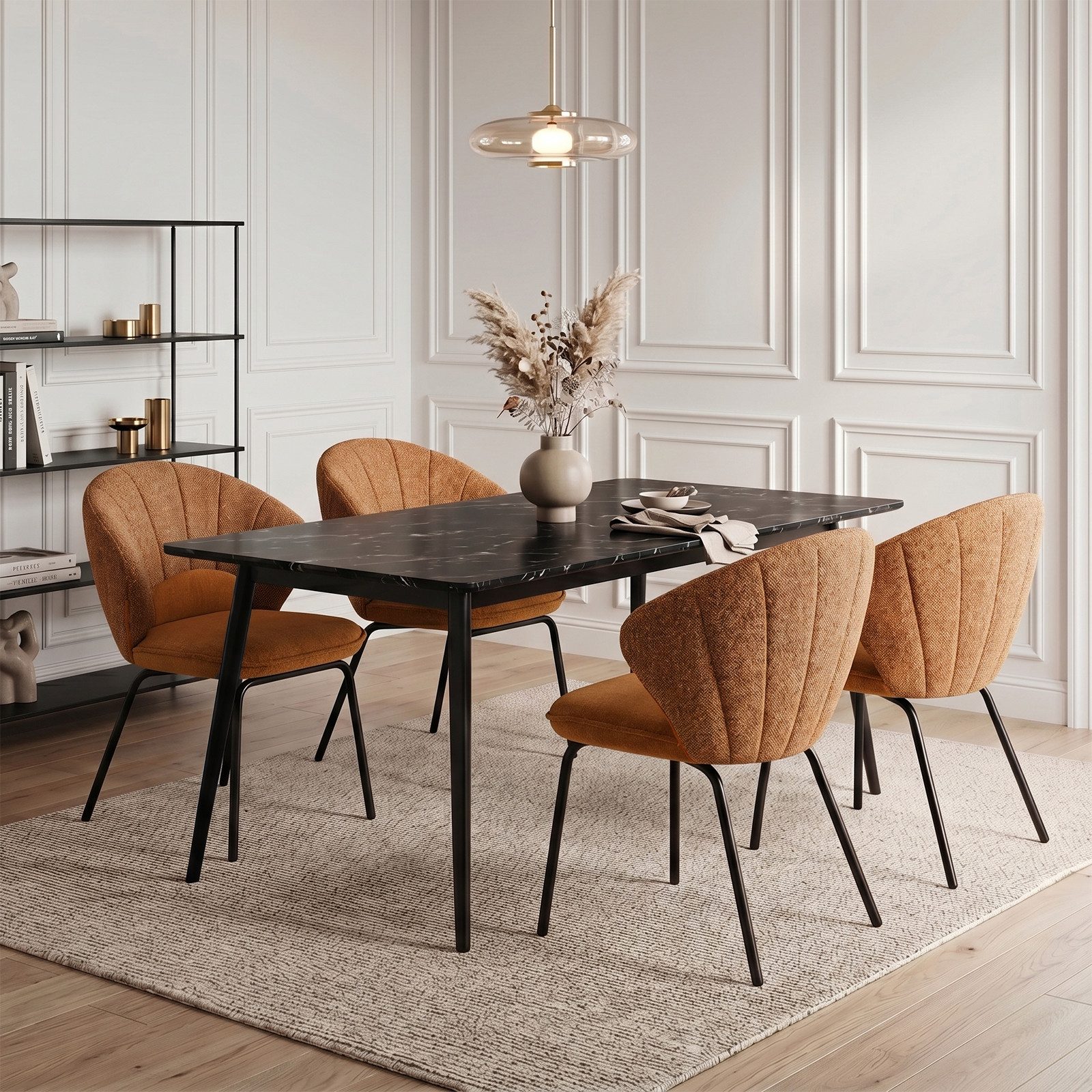 Jiexi Esszimmerstuhl Polsterstuhl Flanell Sessel fächerförmig moderner Metallrahmen