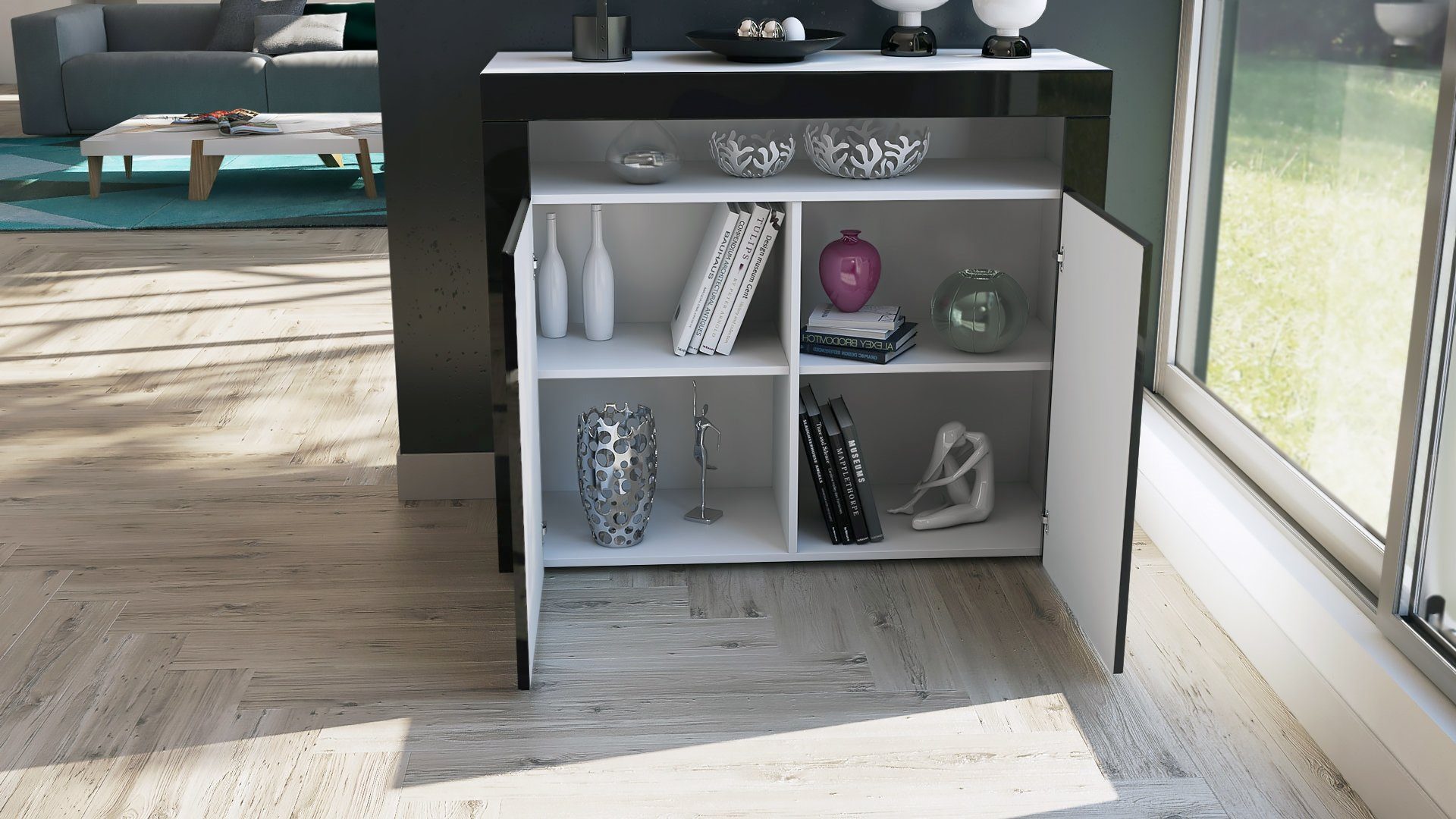 Vladon Sideboard Valencia 3D (Sideboard, mit 2 Türen und 1 offenem Fach), Weiß matt&glänzend mit 3D Struktur (108x92x40 cm)