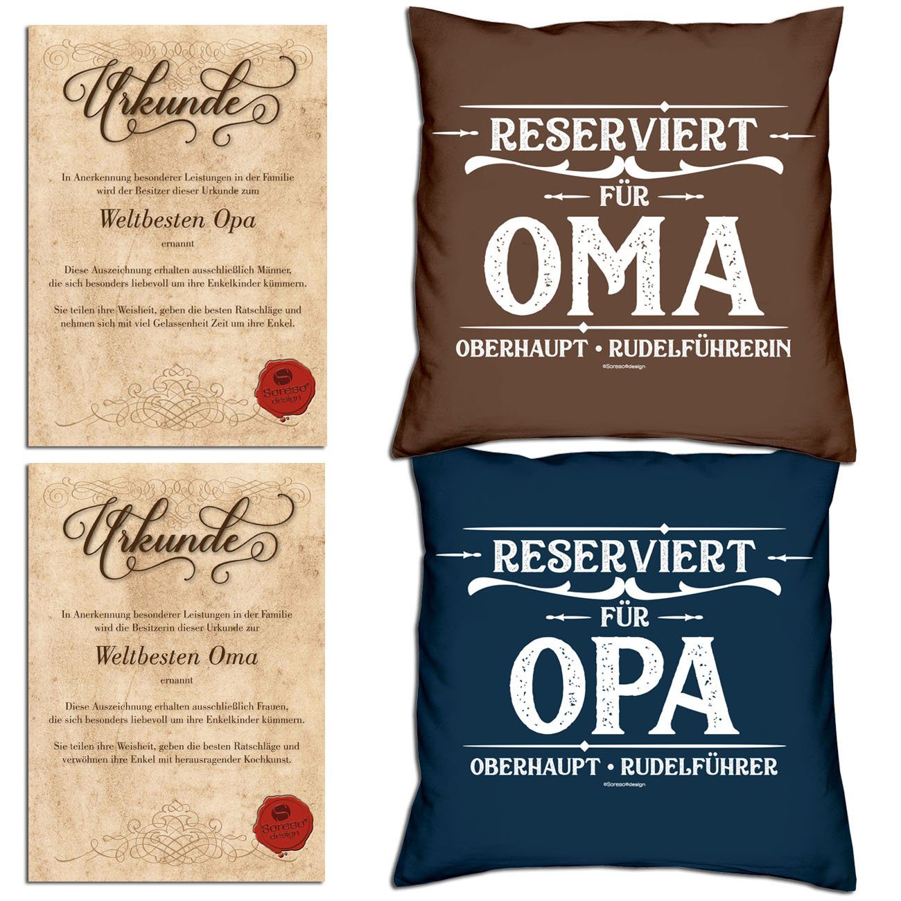 Soreso® Dekokissen »Kissen-Set Reserviert für Opa Reserviert für Oma mit  Urkunden«, Geschenkidee Hochzeitstag Omatag Opatag