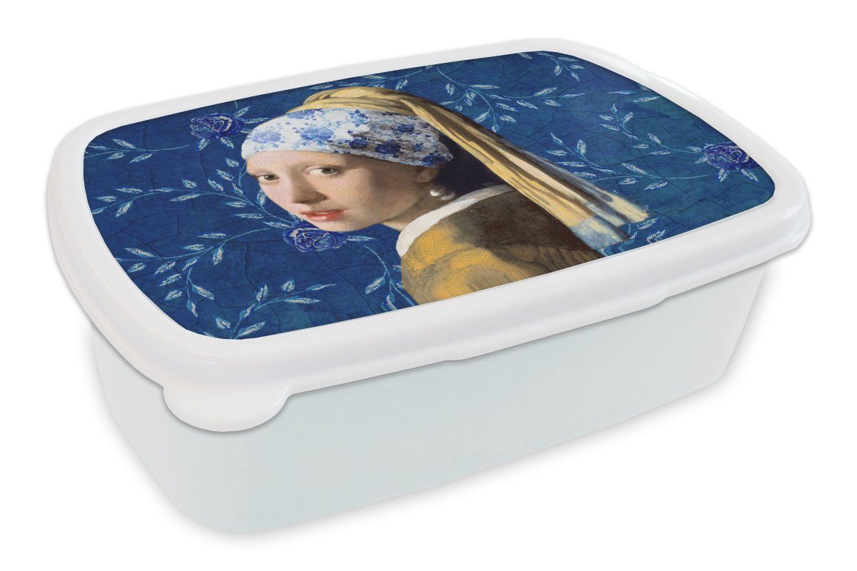 MuchoWow Lunchbox Mädchen mit Perlenohrring - Delfter Blau - Vermeer - Blumen - Gemälde, Kunststoff, (2-tlg), Brotbox für Kinder und Erwachsene, Brotdose, für Jungs und Mädchen weiß