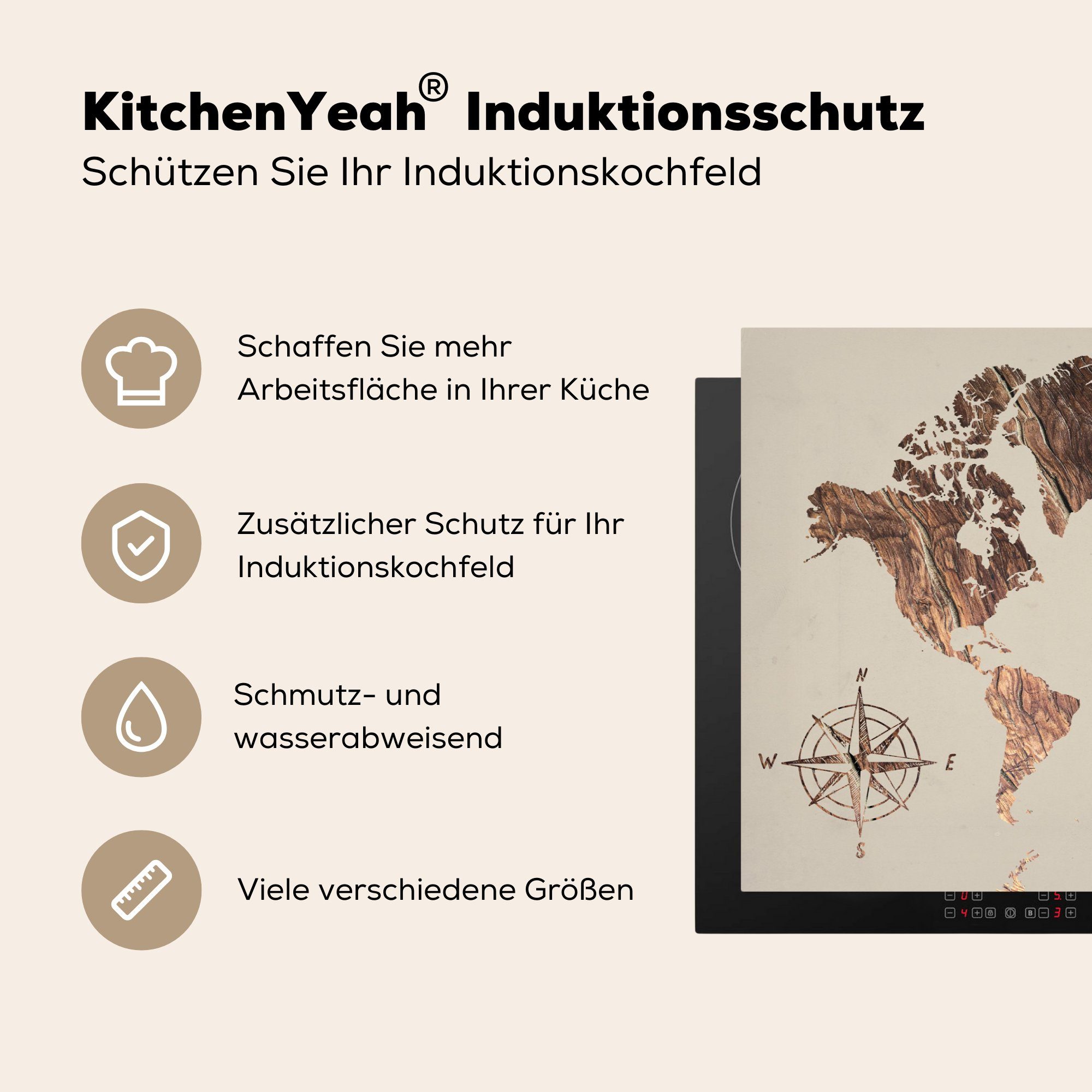 MuchoWow Herdblende-/Abdeckplatte Weltkarte - für küche, 81x52 (1 tlg), Holz Windrose, Induktionskochfeld die Vinyl, - Schutz cm, Ceranfeldabdeckung