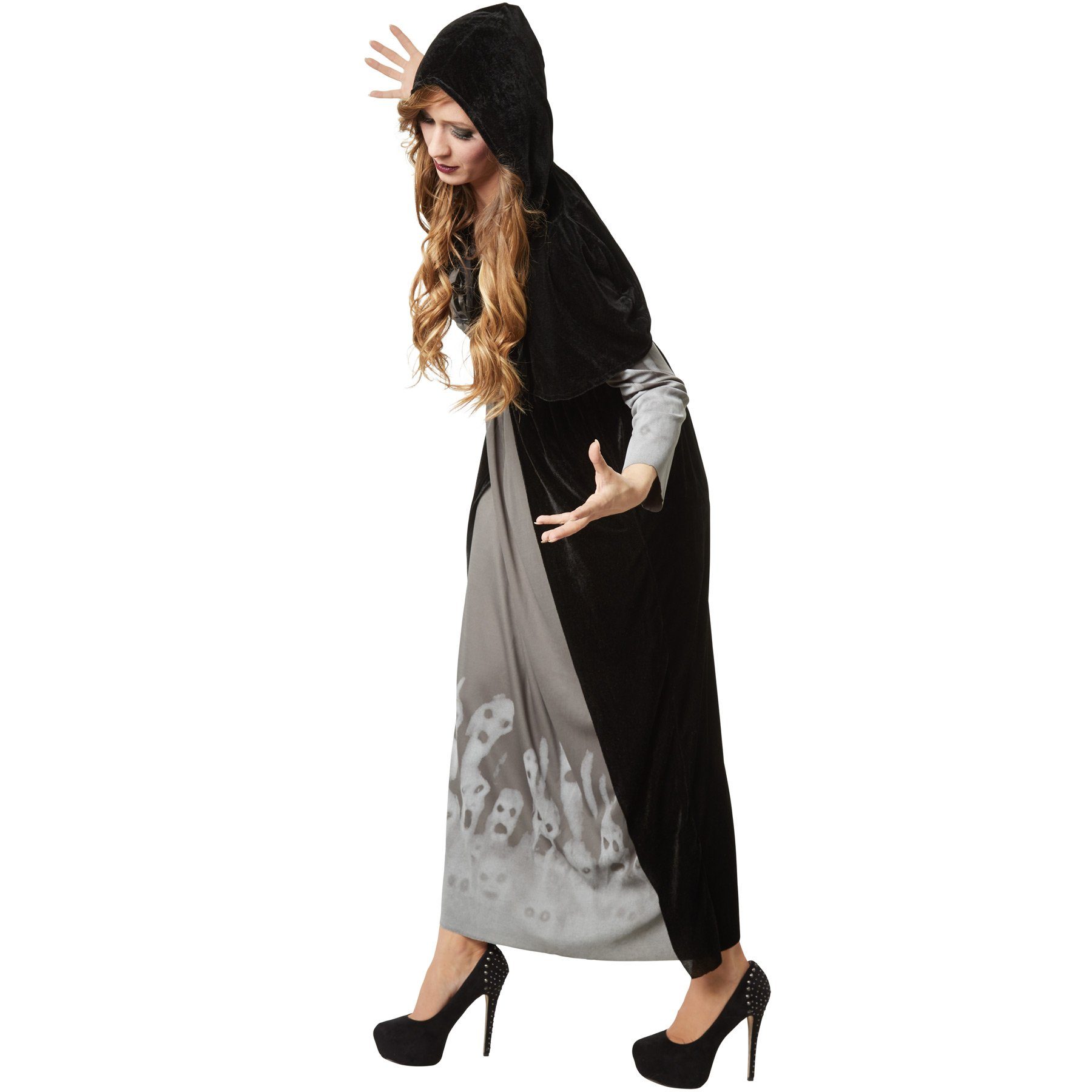 dressforfun Hexen-Kostüm Frauenkostüm Machtvolle Magierin, Langes, edles Gewand aus schwarzem Samt