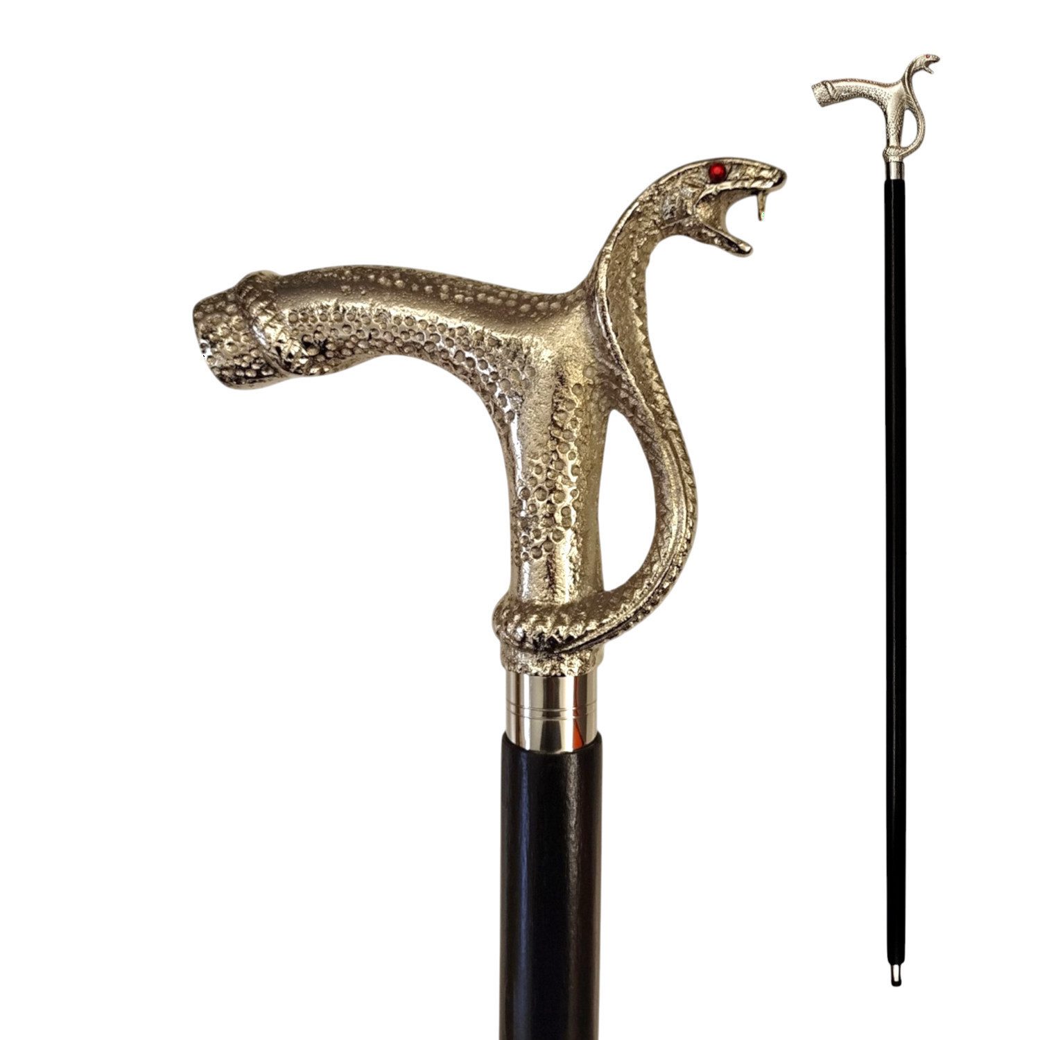 FTWdesign Frackstock Schlange Spazierstock aus Holz mit silbernem Griff aus Metall
