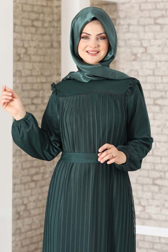 Abendkleid Hijab Kleid Lady Damen Schulterdetail Kleid Smaragd-Grün mit Abaya Abiye Modavitrini Schulterdetail, Falten-Optik
