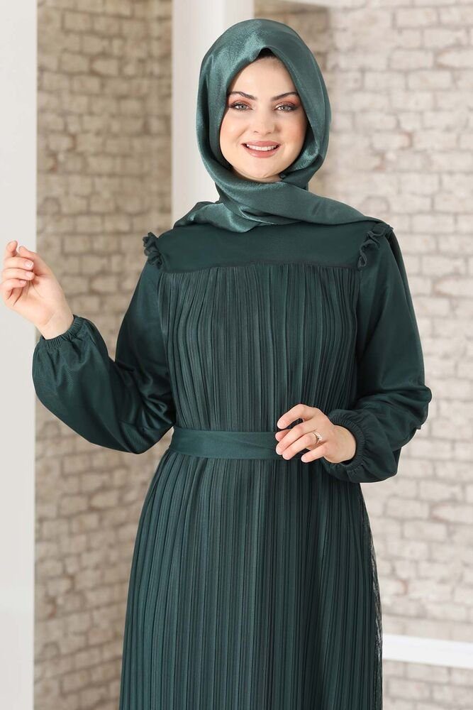 Kleid Damen mit Falten-Optik Abiye Smaragd-Grün Kleid Schulterdetail, Modavitrini Abendkleid Lady Abaya Hijab Schulterdetail