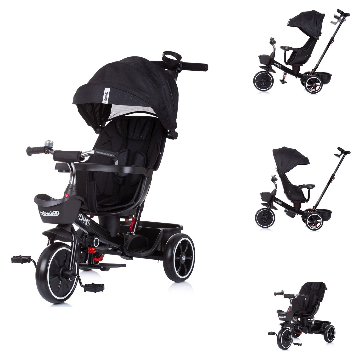 Chipolino Dreirad Tricycle 4 in 1 Smart Tablett, Schiebestange Sitz drehbar, Flaschenhalter