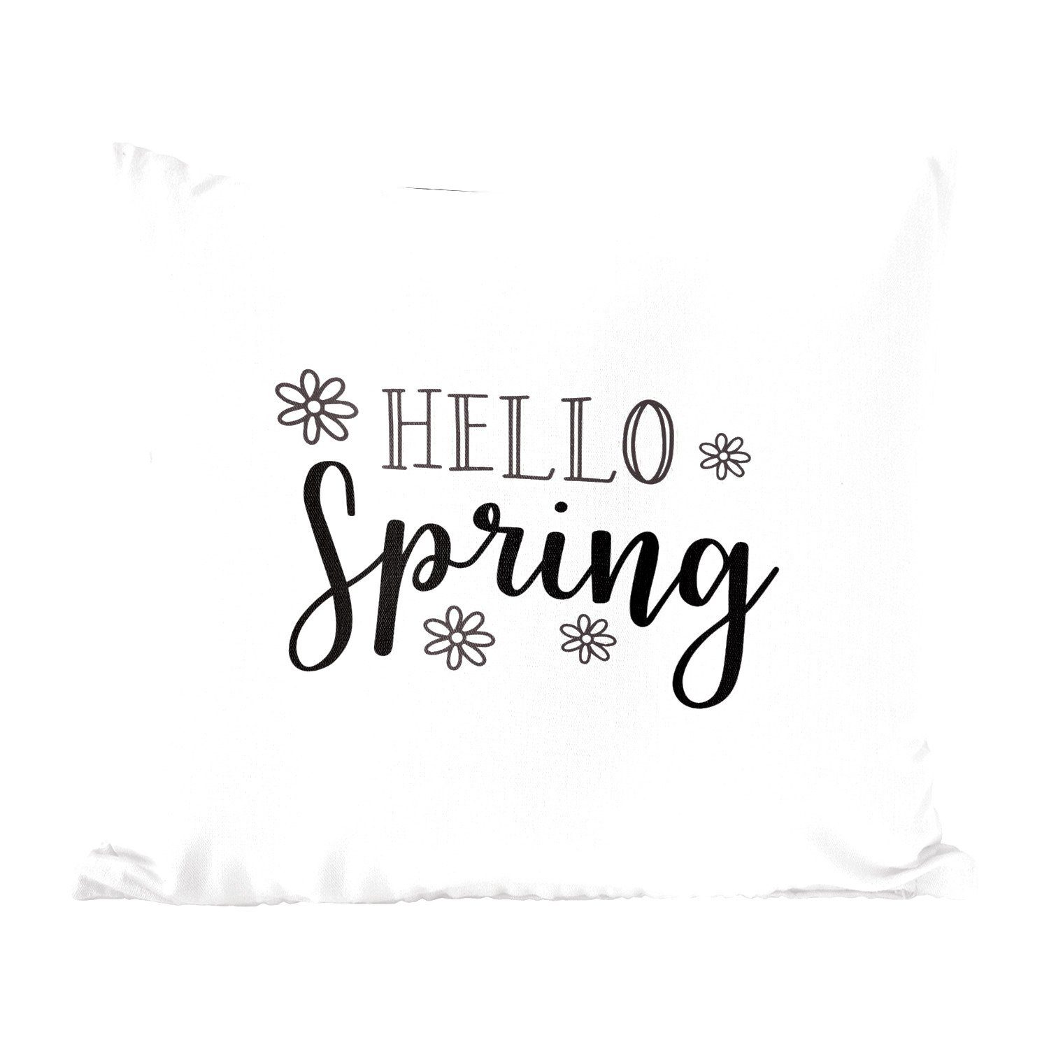 MuchoWow Dekokissen Frühlingszitat "Hallo Frühling" auf weißem Hintergrund, Zierkissen mit Füllung für Wohzimmer, Schlafzimmer, Deko, Sofakissen