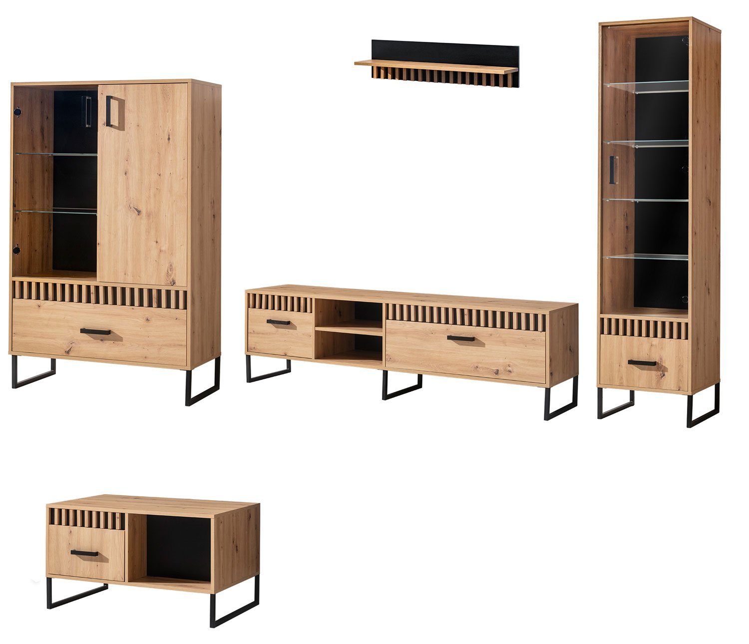 Feldmann-Wohnen Wohnwand Lamelix, (1 Vitrine (Glastür), 1 Highboard (Glas- & Holztür), 1 Lowboard, 1 Wandregal, 1 Couchtisch, 5-St., moderne Holzoptik, Metallgriffe, Metallfüße), 320x40x196cm Eiche Artisan 5-teilig