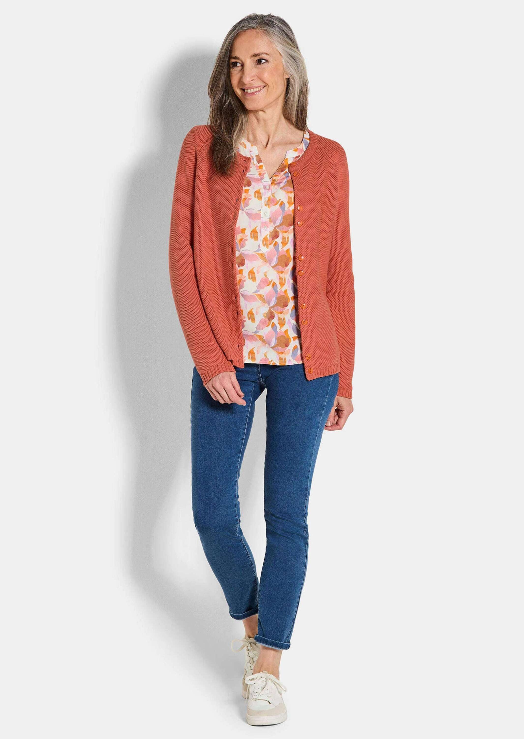 GOLDNER Strickjacke Cardigan aus Baumwolle, Rundhals Feinstrickjacke in raffinierter Piqué-Optik mit Rundhals, Knopfleiste