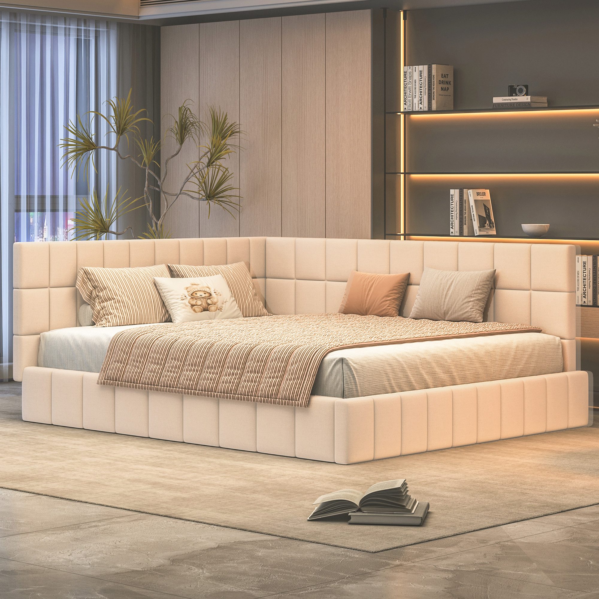 MODFU Schlafsofa mit Lattenrost, hochwertiger Samtstoff, Polsterbett 160x200, Multifunktionsdesign, Jugendbett, ohne Matratze