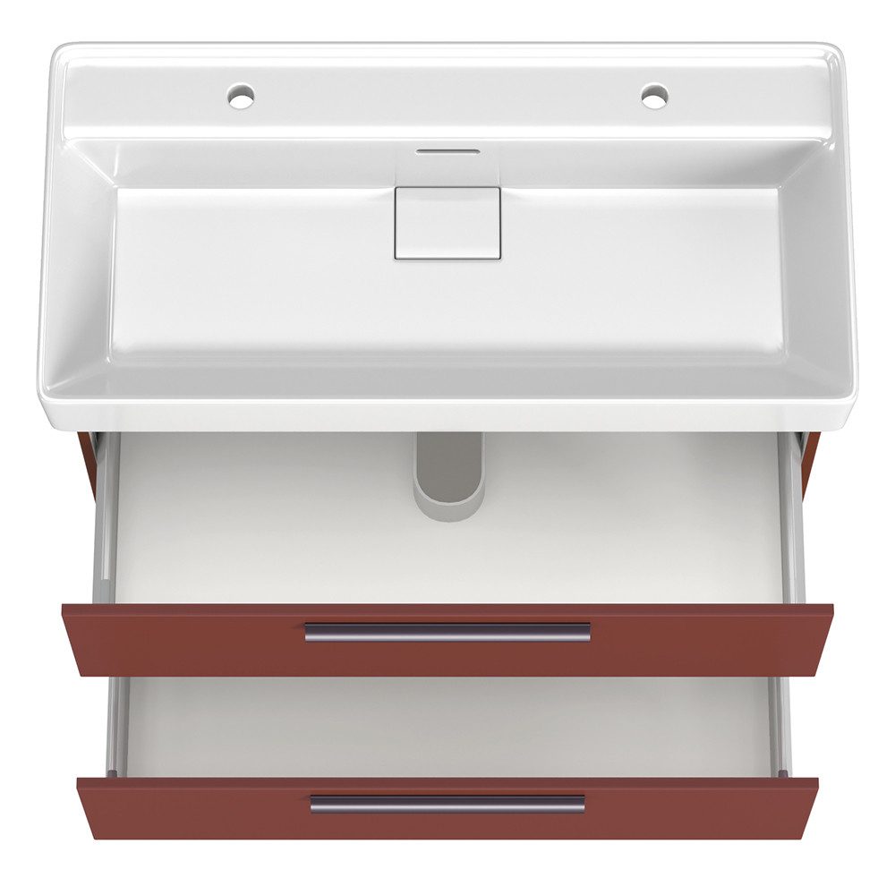 Lomadox Badmöbel-Set ATELLA-03, (Spar-Set, 3-St., Waschtisch Spiegel Midischrank), in rot, mit 100 cm Keramik-Waschbecken für 2 Armaturen, LED