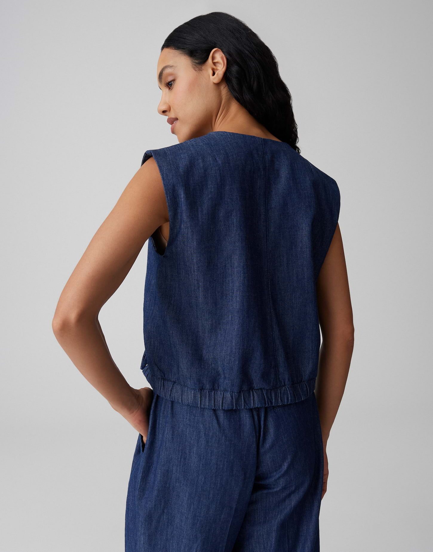 OPUS Anzugweste Wiona aus weichem Chambray Denim Wickeleffekt auf der Front, Rinsed Waschung, weicher Griff