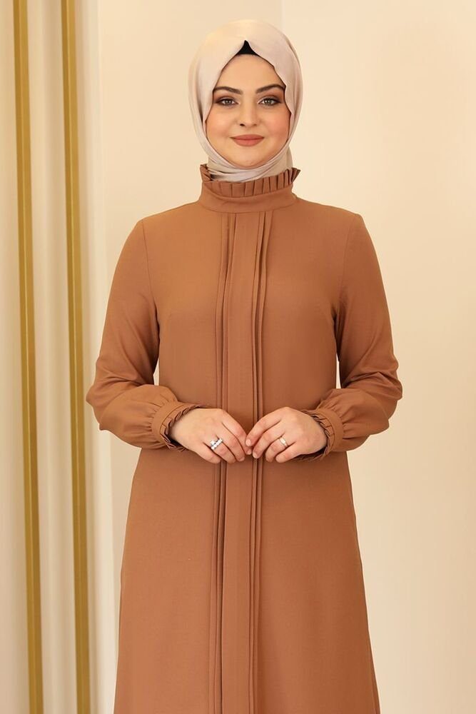 Modavitrini Longtunika Damen Tunika Kragen mit Modest Braun Hijab lange Fashion Tunika gerippte Tunika
