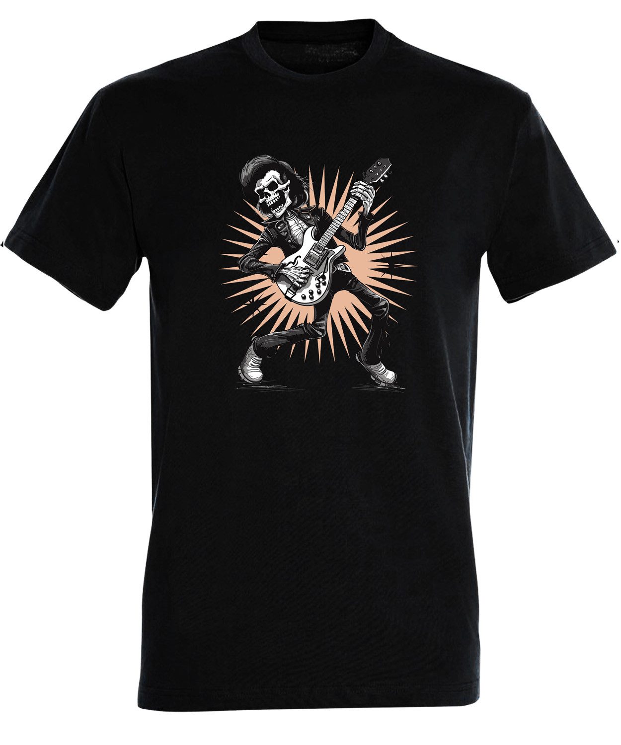 MyDesign24 T-Shirt Herren Print Shirt - Skelett-Rocker Brustprint Baumwollshirt „Rock´n´Roll Skelett Gitarrist“ Regular Fit i369