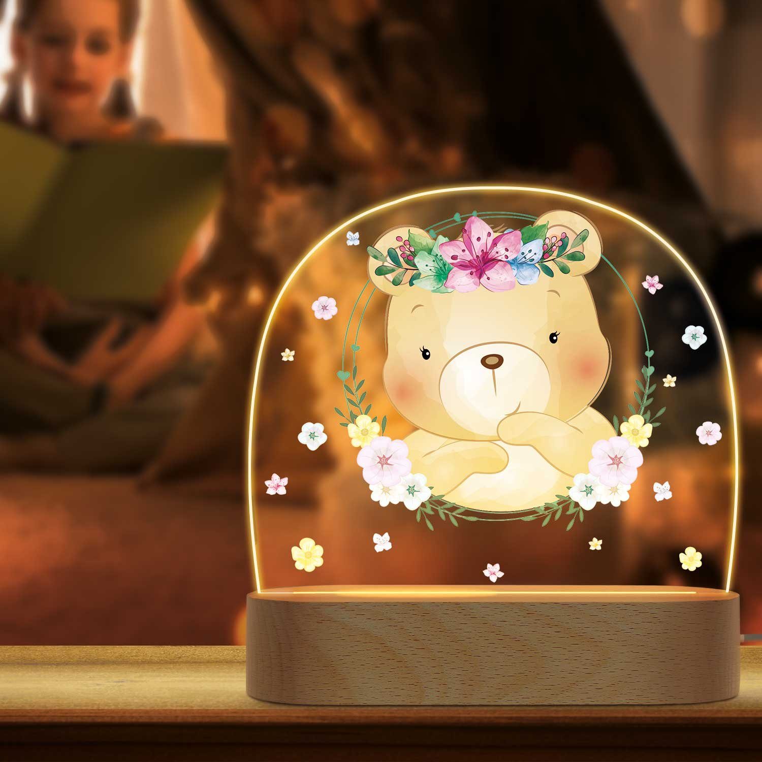 GRAVURZEILE LED Nachtlicht für Kinder, Beruhigend und Energiesparend - Blumen Design - Bär mit Blume, LED, 3 Lichtmodi: Warm- Kalt- und Mischweiß, Geschenk für Kinder & Baby