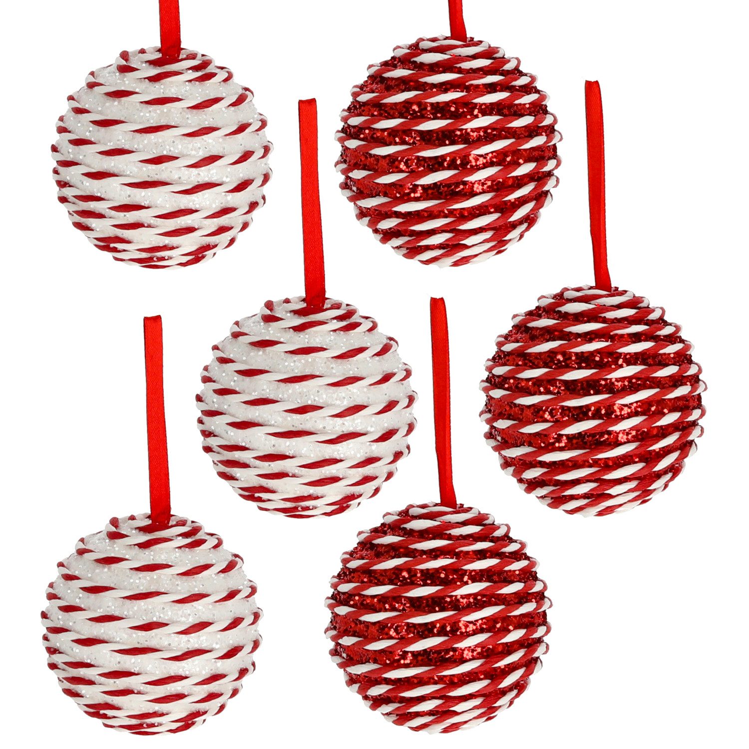 Macosa Home Christbaumschmuck Christbaumkugeln 6er Rot Weiß Glitzer 10 cm (6-tlg), Dekokugeln Hängedekoration Weihnachten