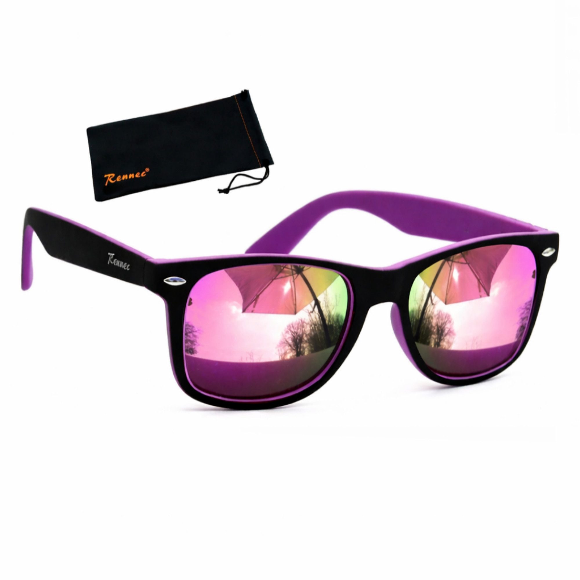 Rennec Sonnenbrille (Retro Sonnenbrille Damen Zweifarbig Lila Schwarz mit Brillenbeutel) Retro Brille Bi Color Festivalbrille Gläser Lila Verspiegelt