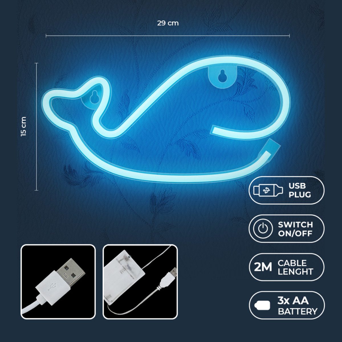 Forever Light LED Dekolicht Forever Light Neon LED-Leuchte Wal blau – FLNE19, Blau, Leuchtendes Wal-Design, flexibler Betrieb, kompakte Größe