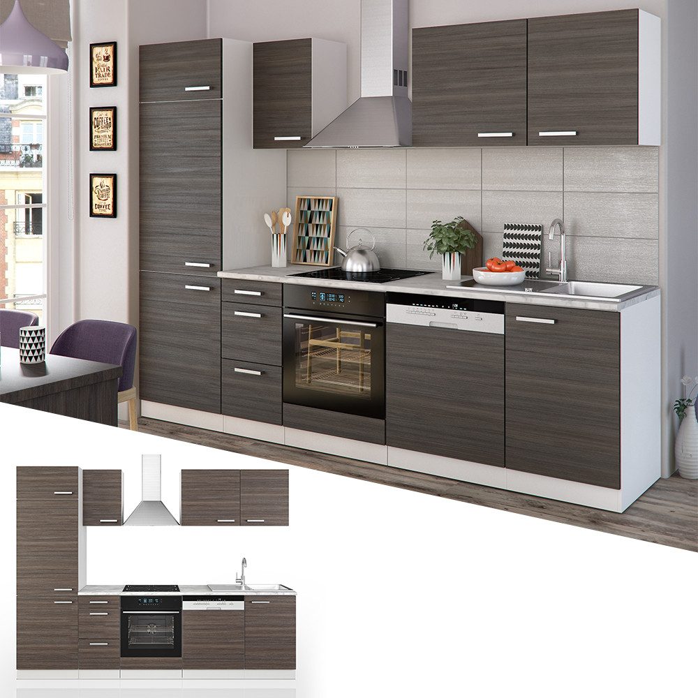 Vicco Küchenzeile Optima, Edelgrau/Weiß, 270 cm ohne Arbeitsplatte