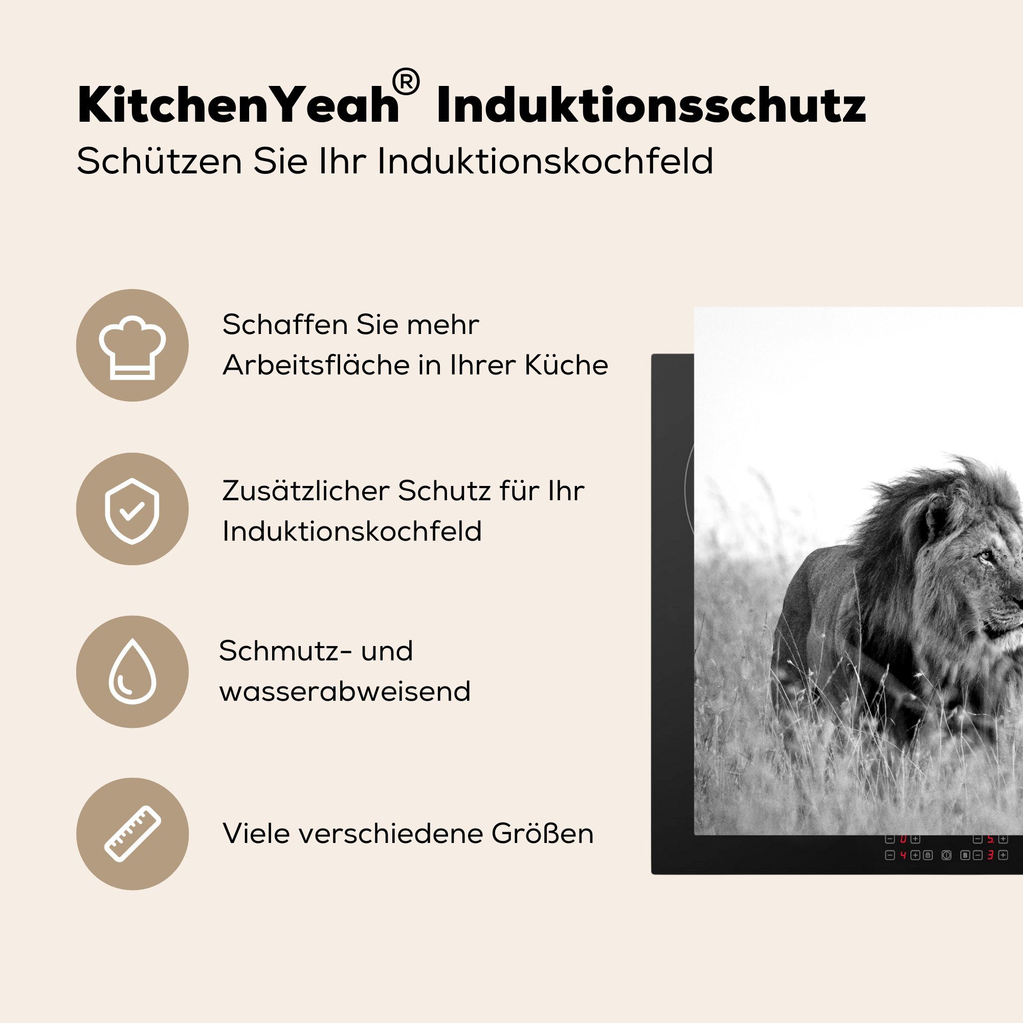 (1 cm, nutzbar, im hohen - Löwe MuchoWow schwarz Mobile 60x52 Gras Arbeitsfläche Herdblende-/Abdeckplatte Vinyl, tlg), weiß, und Ceranfeldabdeckung