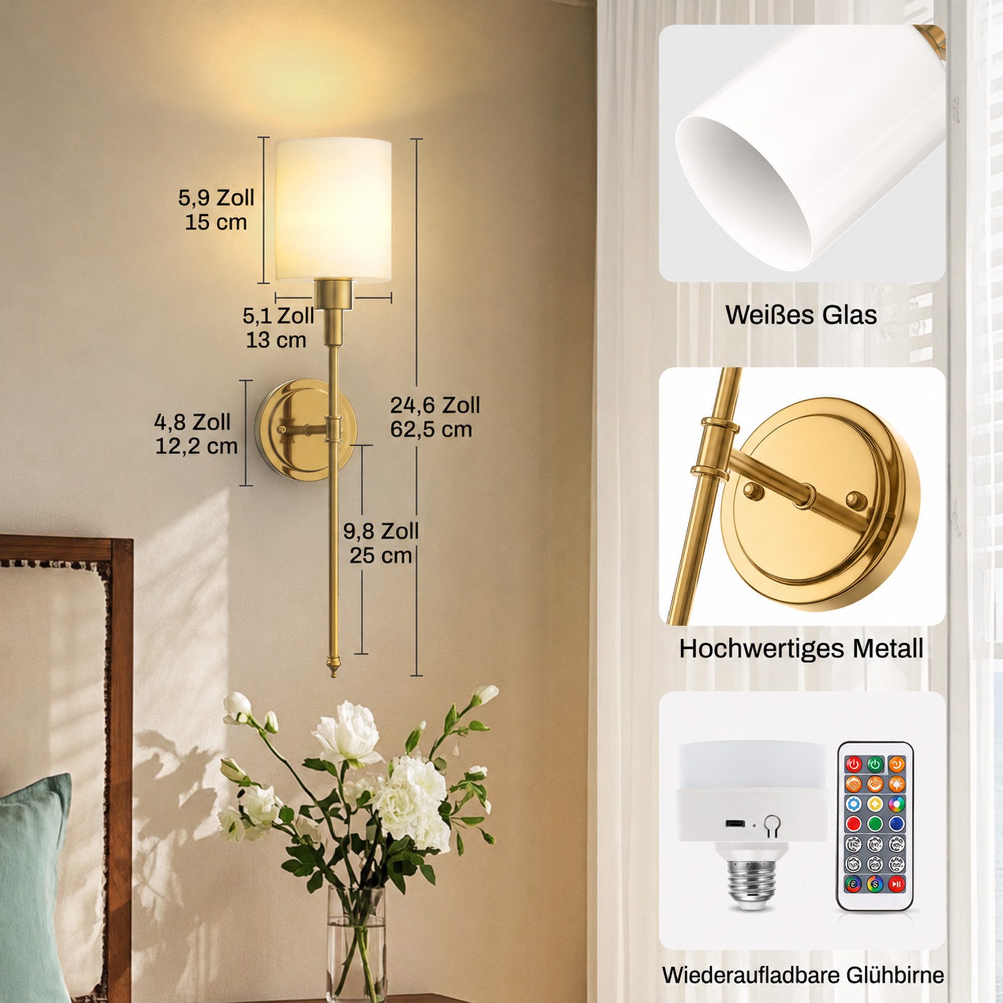 LOHAS-LED Wandleuchte 2er‑Set Kabellose traditionelle Innenwandleuchten aus Metall, LED wechselbar, RGBCW, Aufladbare RGBCW‑E26‑Birnen mit Fernbedienung, dimmbar