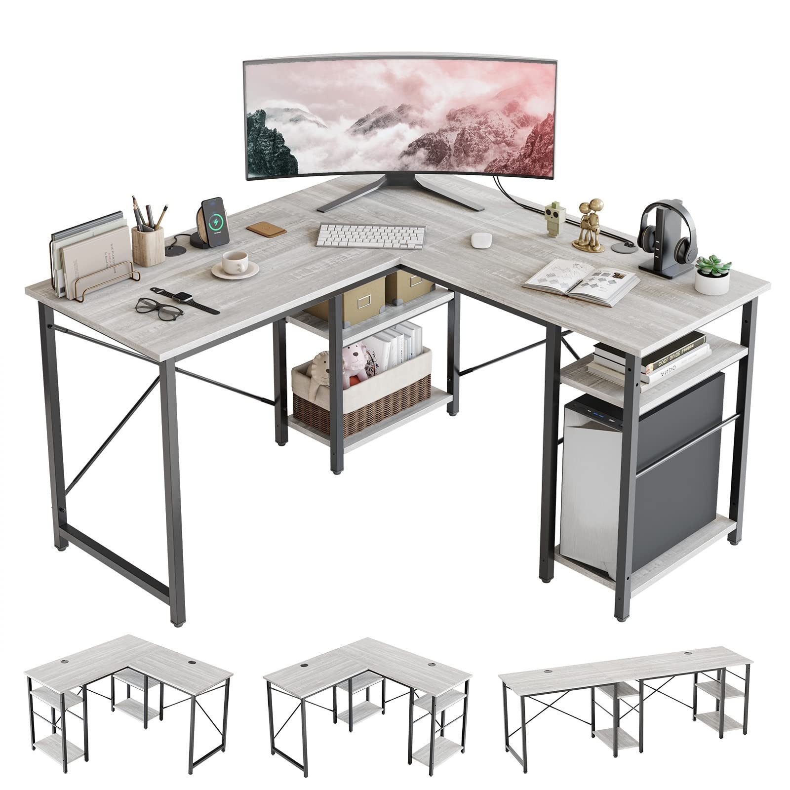 Bestier Eckschreibtisch Schreibtisch L-förm mit Regal, CPU-Ständer, 280 cm× günstig online kaufen