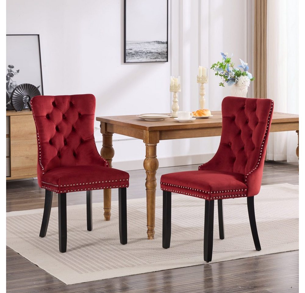 BBG Esszimmerstuhl 2er Set Esszimmerstühle Samt Chesterfield, bis 130 kg, French Style (Polsterstühle mit Knopfheftung & Ziernieten, Massivholz Rubberwood, 2 St), Hochlehner Dining Stuhl gepolstert