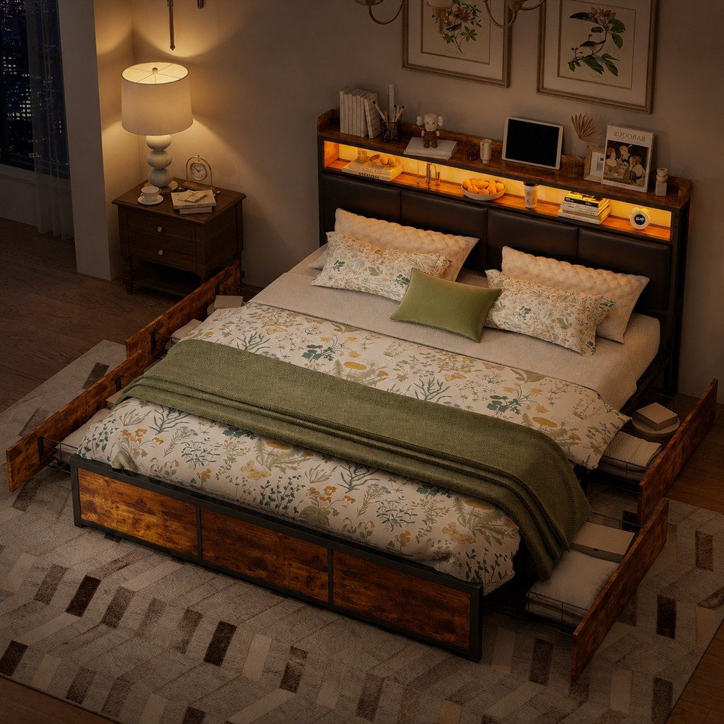 Simurq Polsterbett Metallbett mit LED-Beleuchtung Doppelbett mit Schubladen 140x200 cm (Bettgestell mit 4 Schubladen und Kopfteil), …