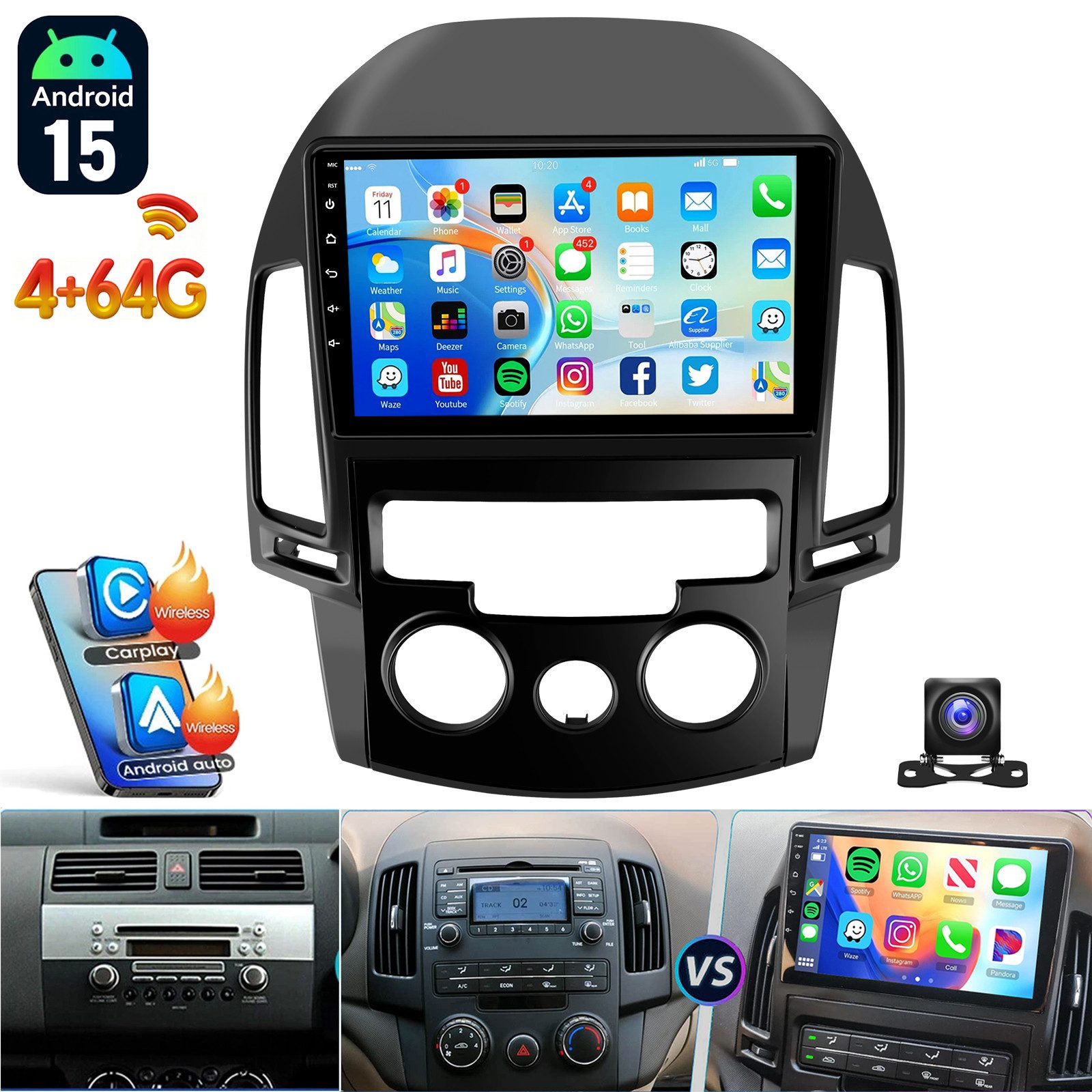 ESSGOO 9'' DAB+ Für Hyundai i30 MK1 FD 2006-11 Android 15 Carplay GPS Navi BT Autoradio (RDS, 2+64GB(optional), FM, AM, DAB+ (optional), …