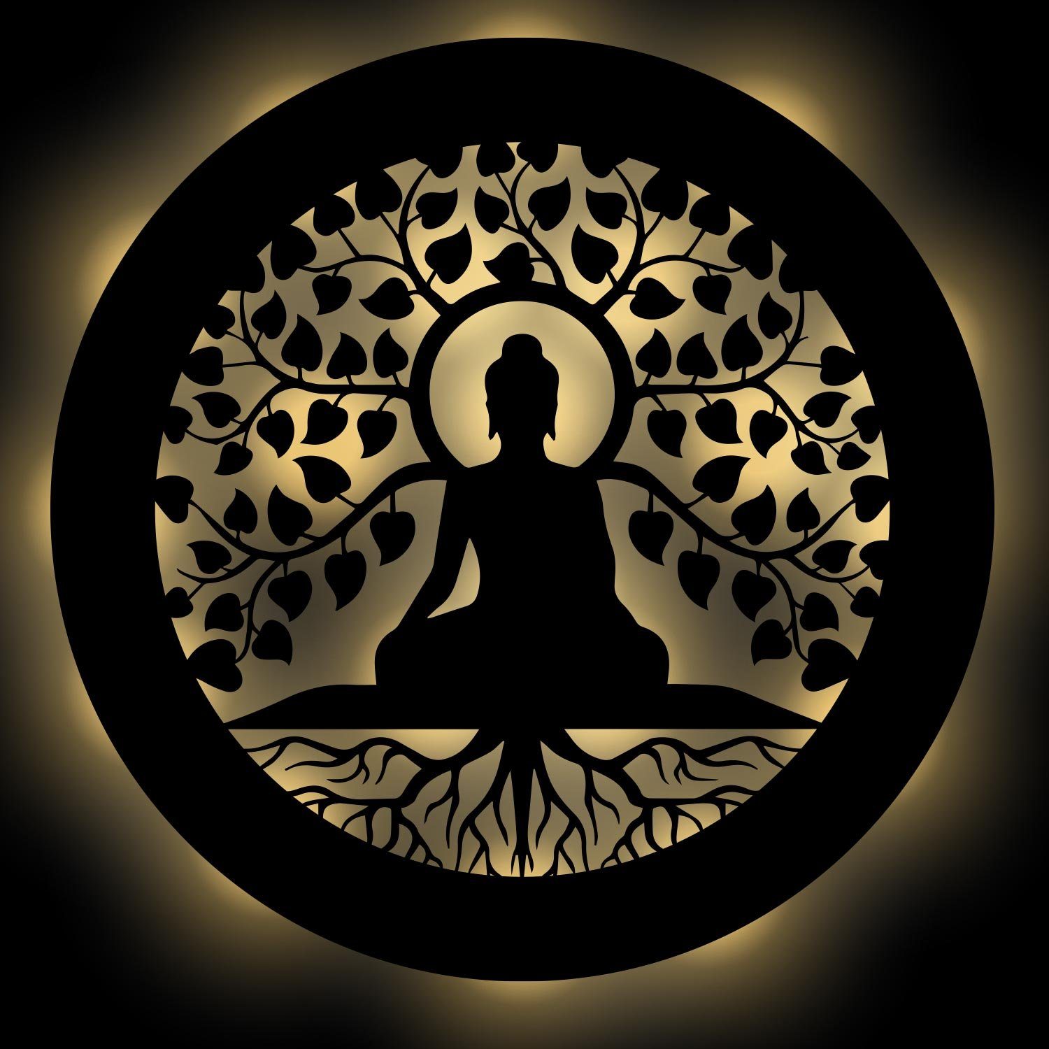 Buddha Wanddeko, Yoga, Holz, Meditation Namofactur Zugschalter, Dekolicht aus Baum Wandlampe LED Ohne Warmweiß fest integriert, LED