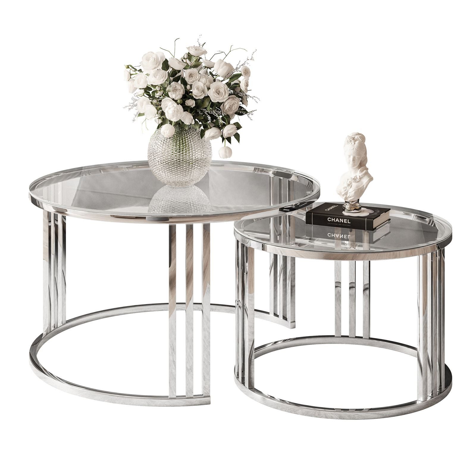 Lookway Couchtisch LORI 2in1 GLASS runder Couchtisch mit silber chrom Gestell (2er Set), Durchmesser: ⌀70 cm und ⌀50 cm