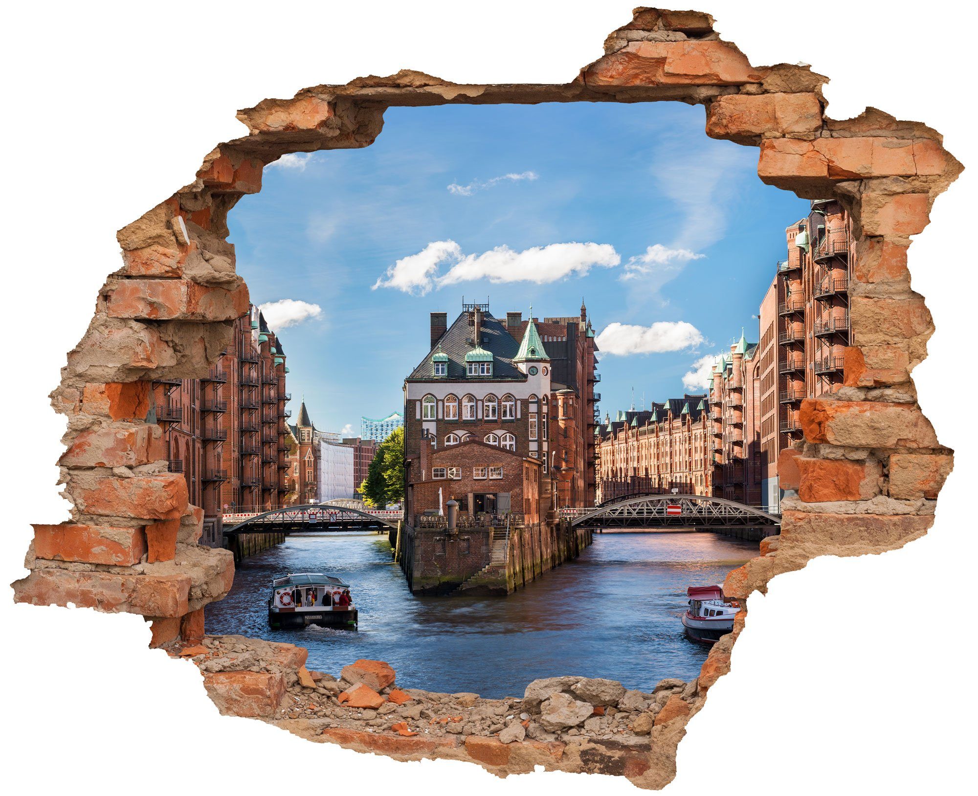 WallSpirit Wandtattoo Wanddurchbruch "Hamburg Speicherstadt", Selbstklebend, rückstandslos abziehbar